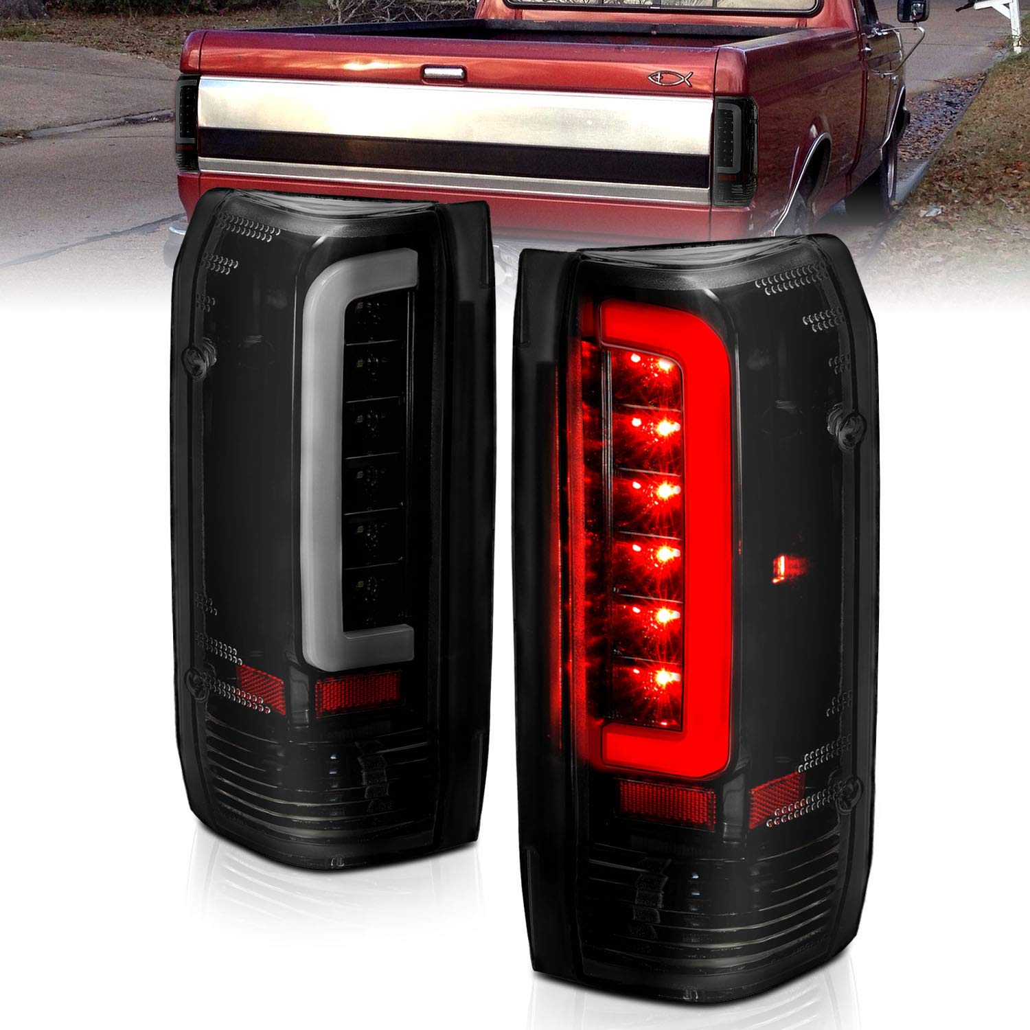 Amerilite Truck 3D C-Type Halogen, Led, Tube Dark Smoke Replacement Tail Light Set For 1989-1996 Ford F150 Bronco F250 F350 - Pa
