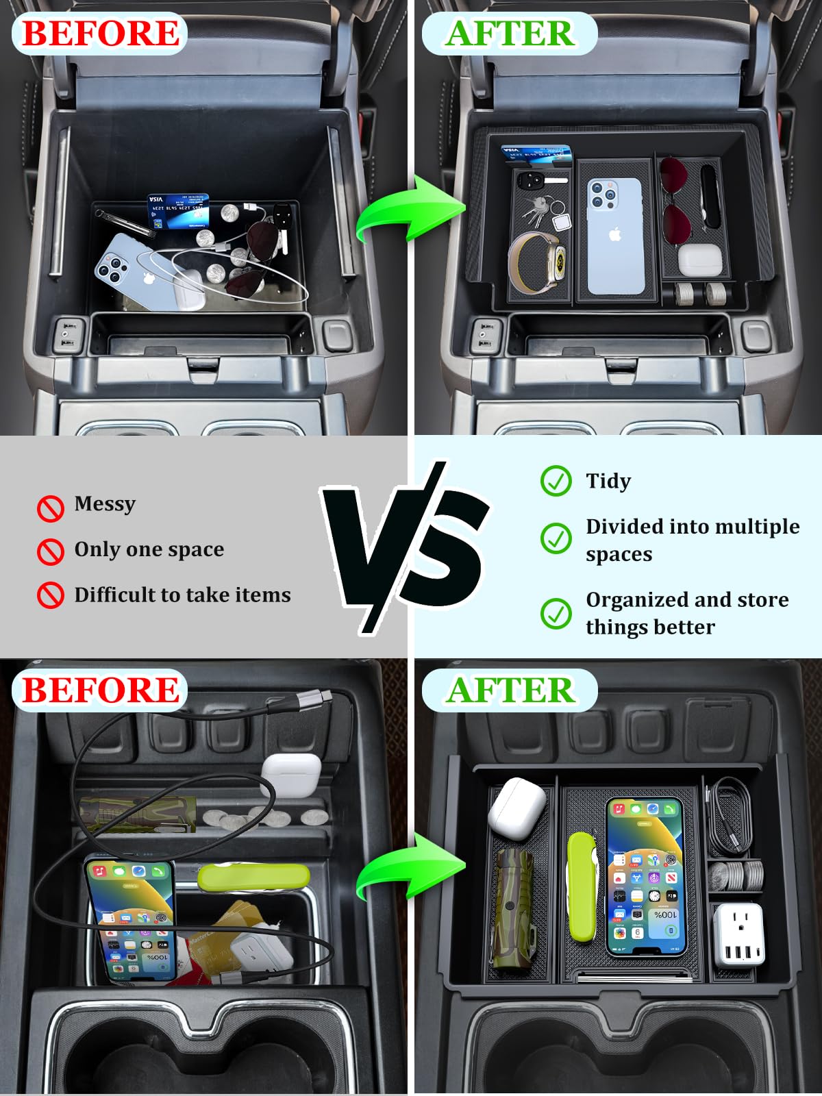 Sinvanho 2Pcs Center Console Organizer Compatible With Chevy Silverado/Gmc Sierra 2014-2018 1500/2500/3500Hd Armrest Box Storage