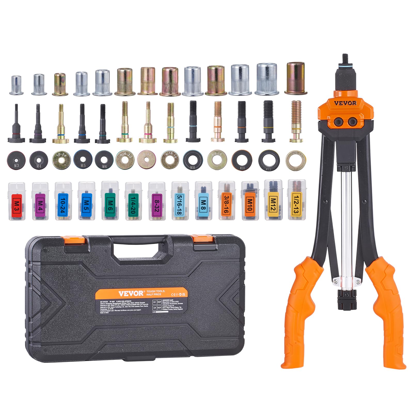 VEVOR Rivet Nut Tool, 16    Rivnut Tool Kit with 13PCS Metric and SAE Mandrels, 186PCS Rivet Nuts, M3, M4, M5, M6, M8, M10, M12,