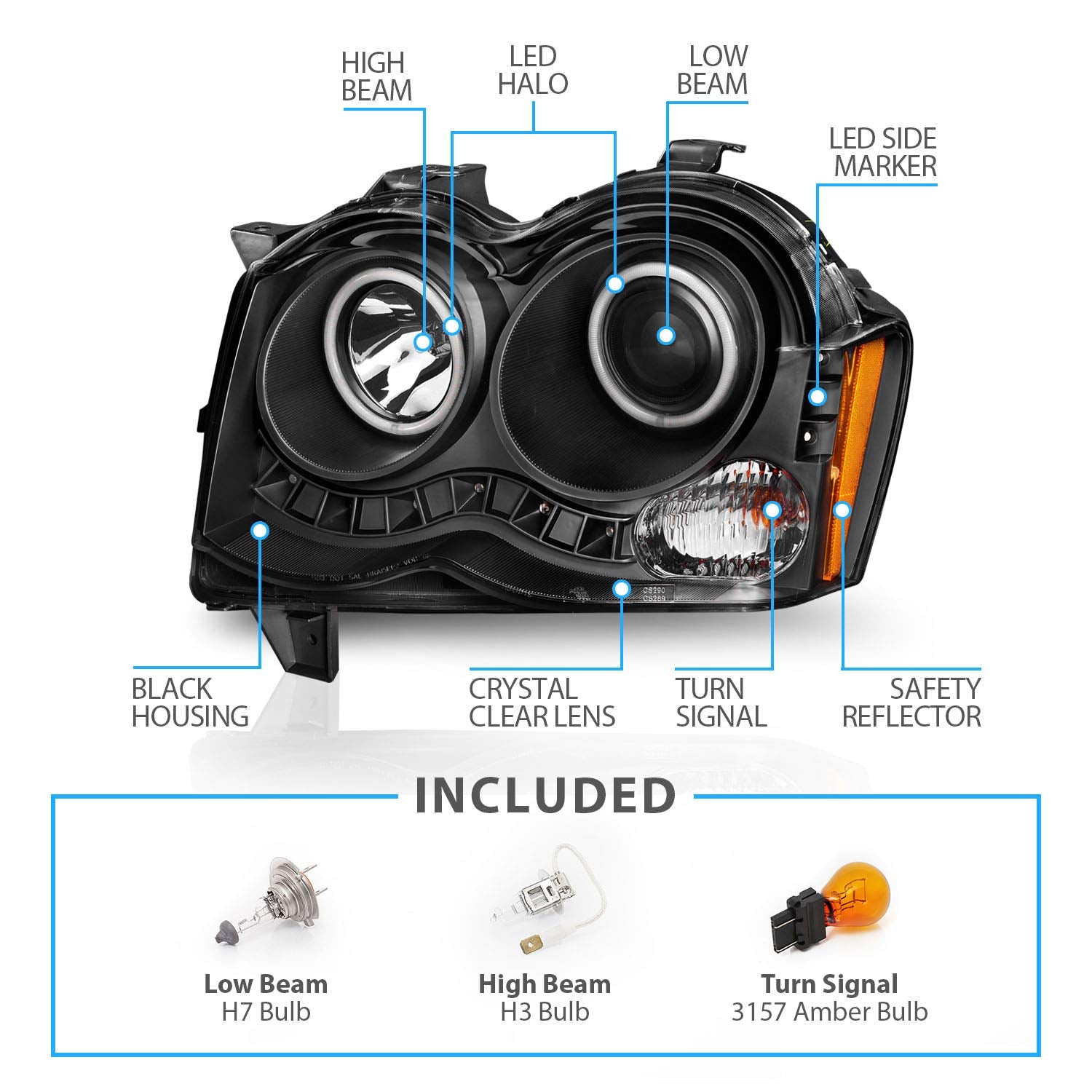 Amerilite Black Projector Replacement Headlights Xtreme Led Halo Bar Set For 2008-2010 Jeep Grand Cherokee - Passenger And Driver Side
