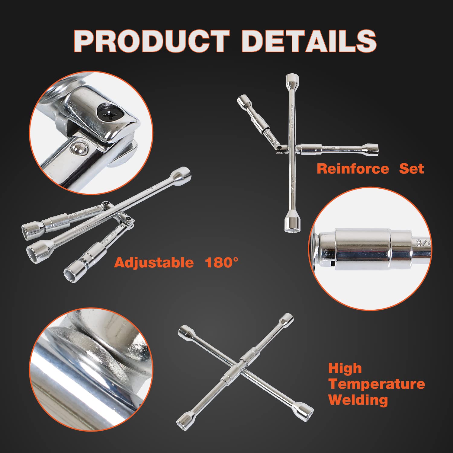 Jack Boss Folding Lug Wrench 4 Way,14-Inch Sae + Metric Tire Cross Wrench Universal And Foldable Wheel Wrench For Car,Trucks