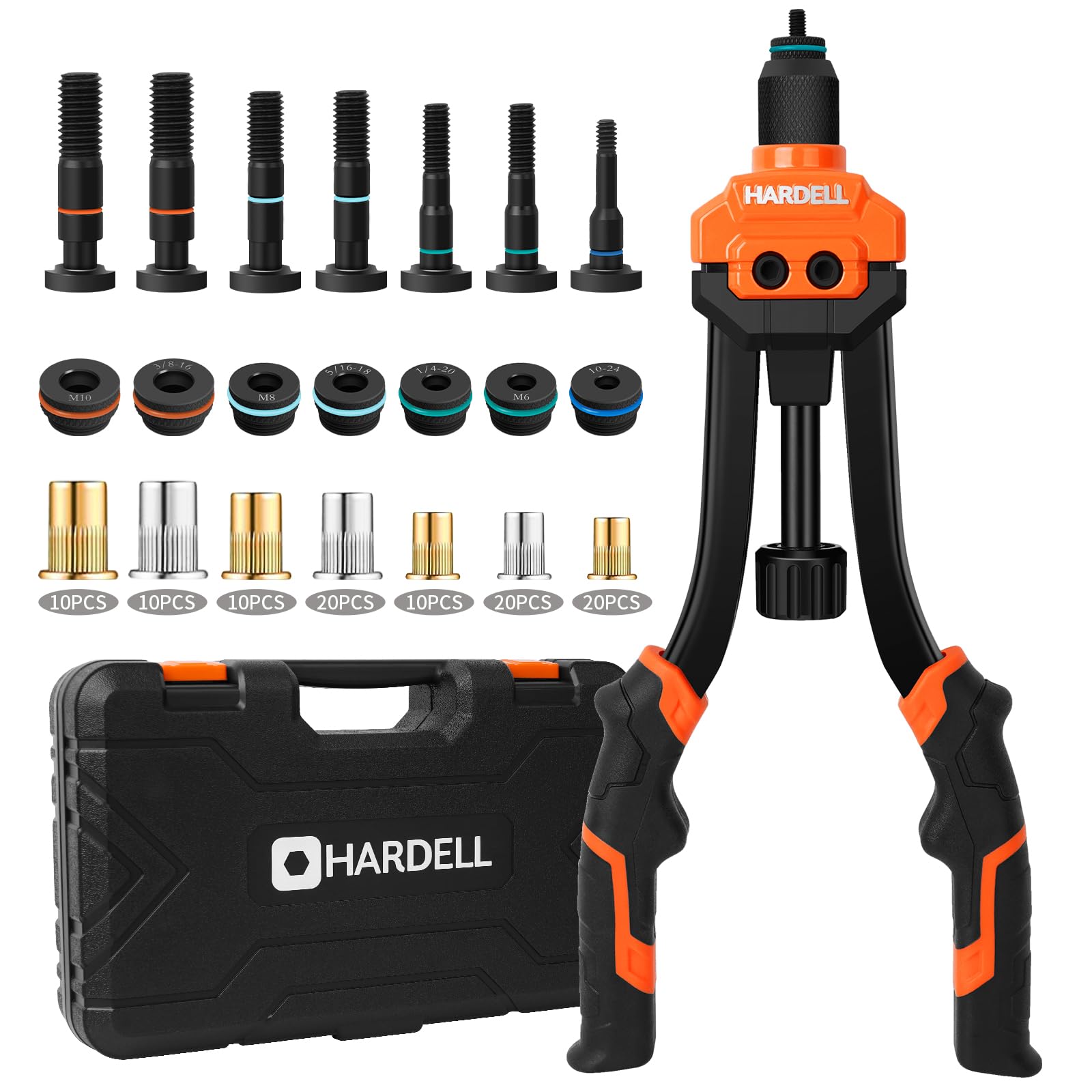 Hardell Rivet Nut Tool, 14'' Rivnut Tool With 100 Pcs Rivet Nuts And 7 Metric & Inch Mandrels M6 M8 M10, 1/4-20, 5/16-18, 3/8-16