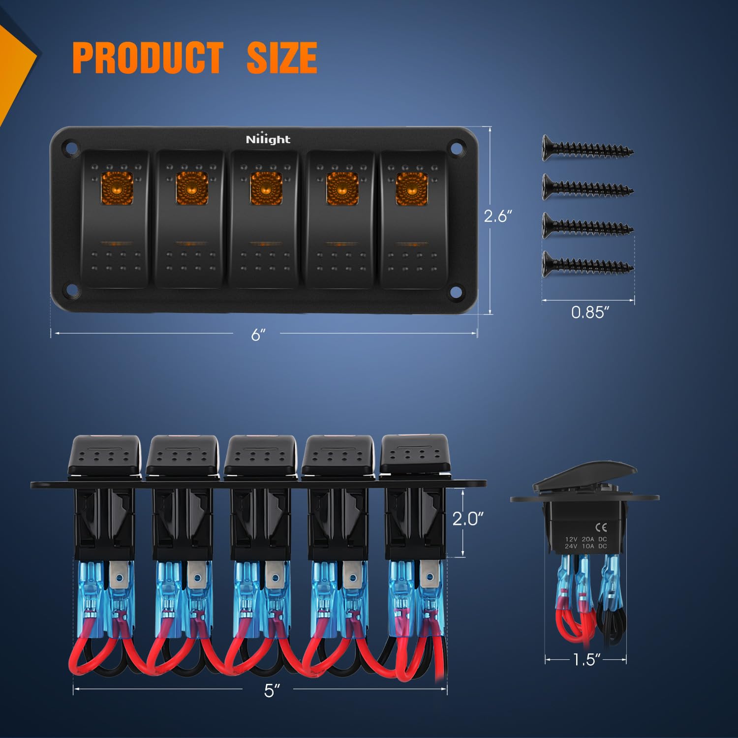 Nilight 5 Gang Rocker Switch Panel With Orange Led Light 5 Pin On Off Pre-Wired Rocker Switch Aluminum Panel Toggle Switch Panel