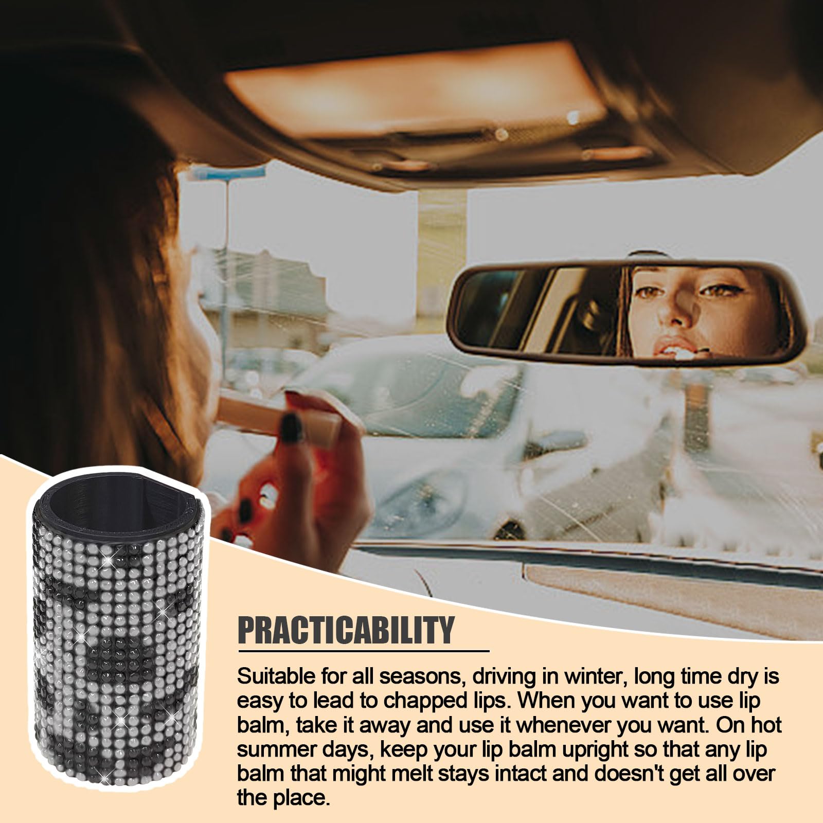 xbrtaia 1 Pack Upright Car Chapstick Holder, Bling Insulating Lip Balm Holder,Rhinestone Car Accessories for Women Interior ,Sui