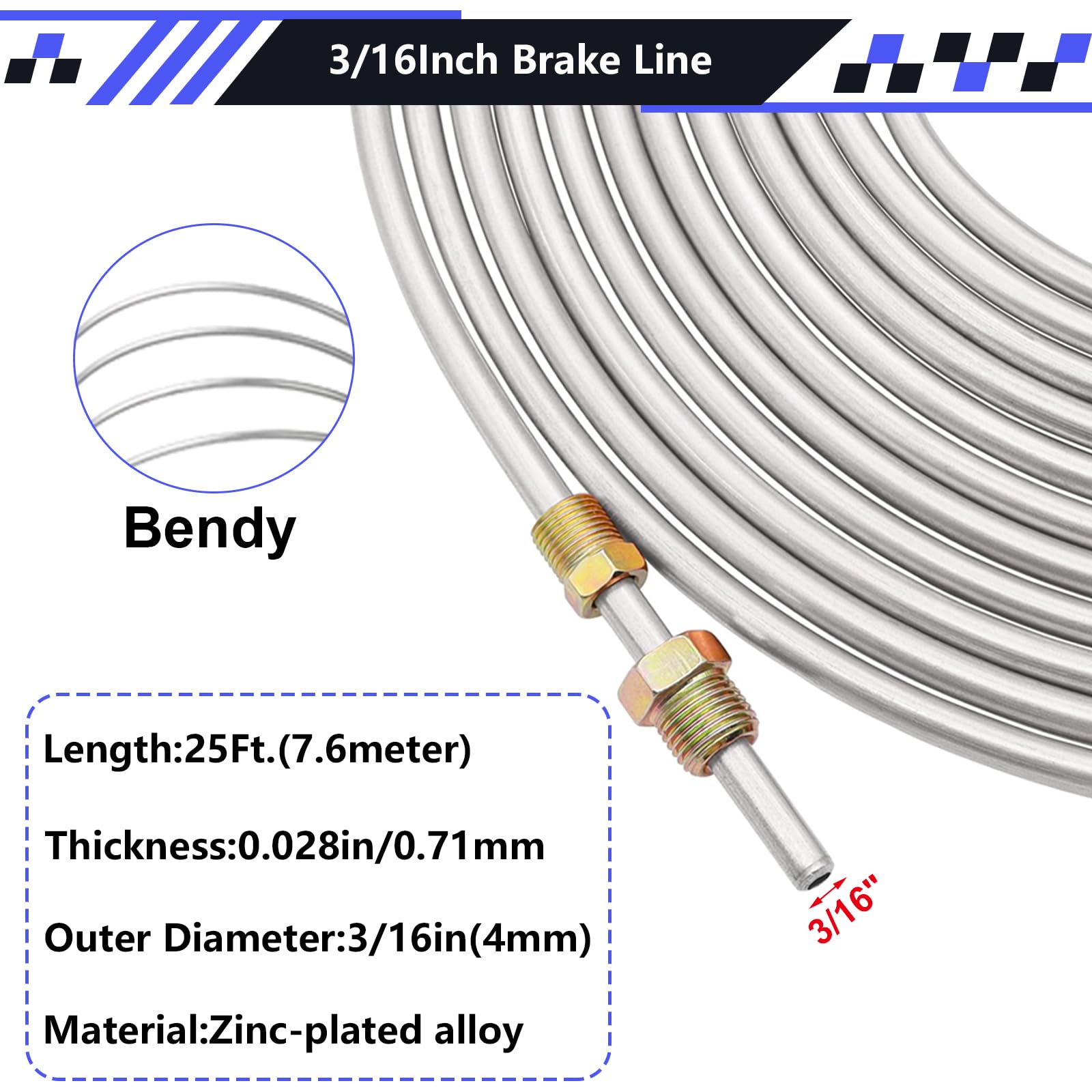 smseace 2Sets 25Ft. 3/16'' Brake Line Tubing Kit with Fittings(Includes 32pcs Fittings and 4pcs Unions+8pcs Nuts) Zinc-Coated Br