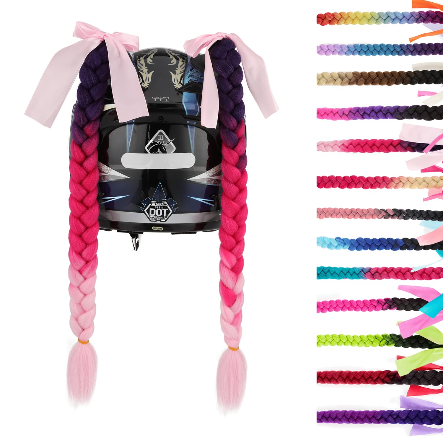 Sego 2 Pcs Helmet Pigtail Braids With Detachable Suction Cup With Bowknot Ponytails Hair For Women/Men 20 Inch (Helmet Not Inclu