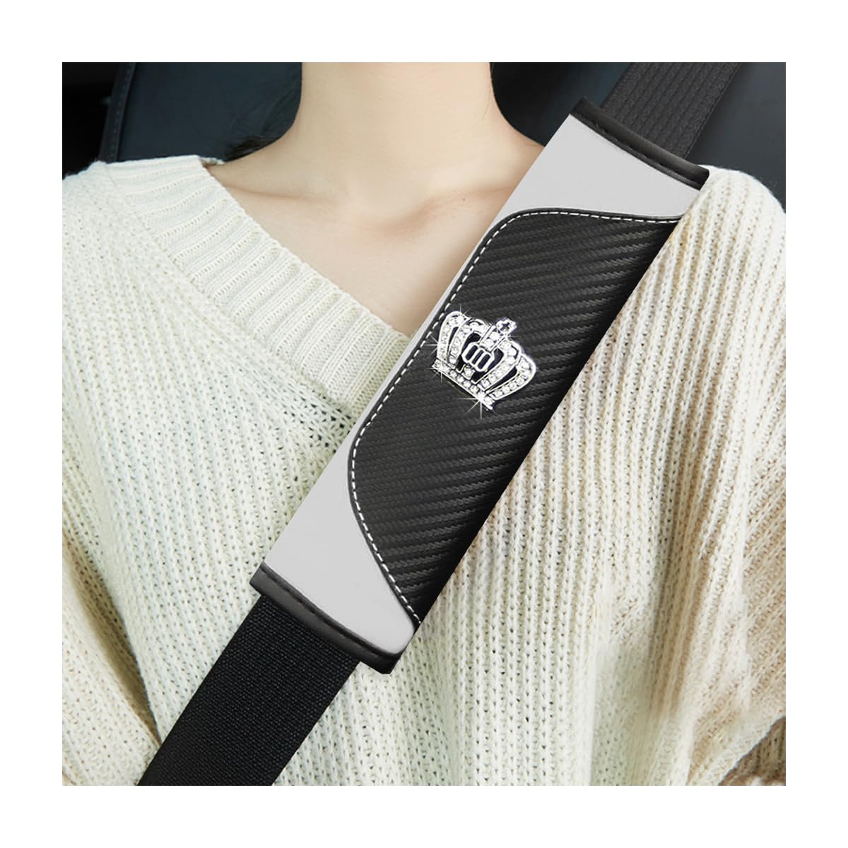 Ziciner 2 PCS Car Seat Belt Cover, Soft Leather Safety Belt Shoulder Strap Covers with Bling Rhinestone Crown, Breathable Harnes