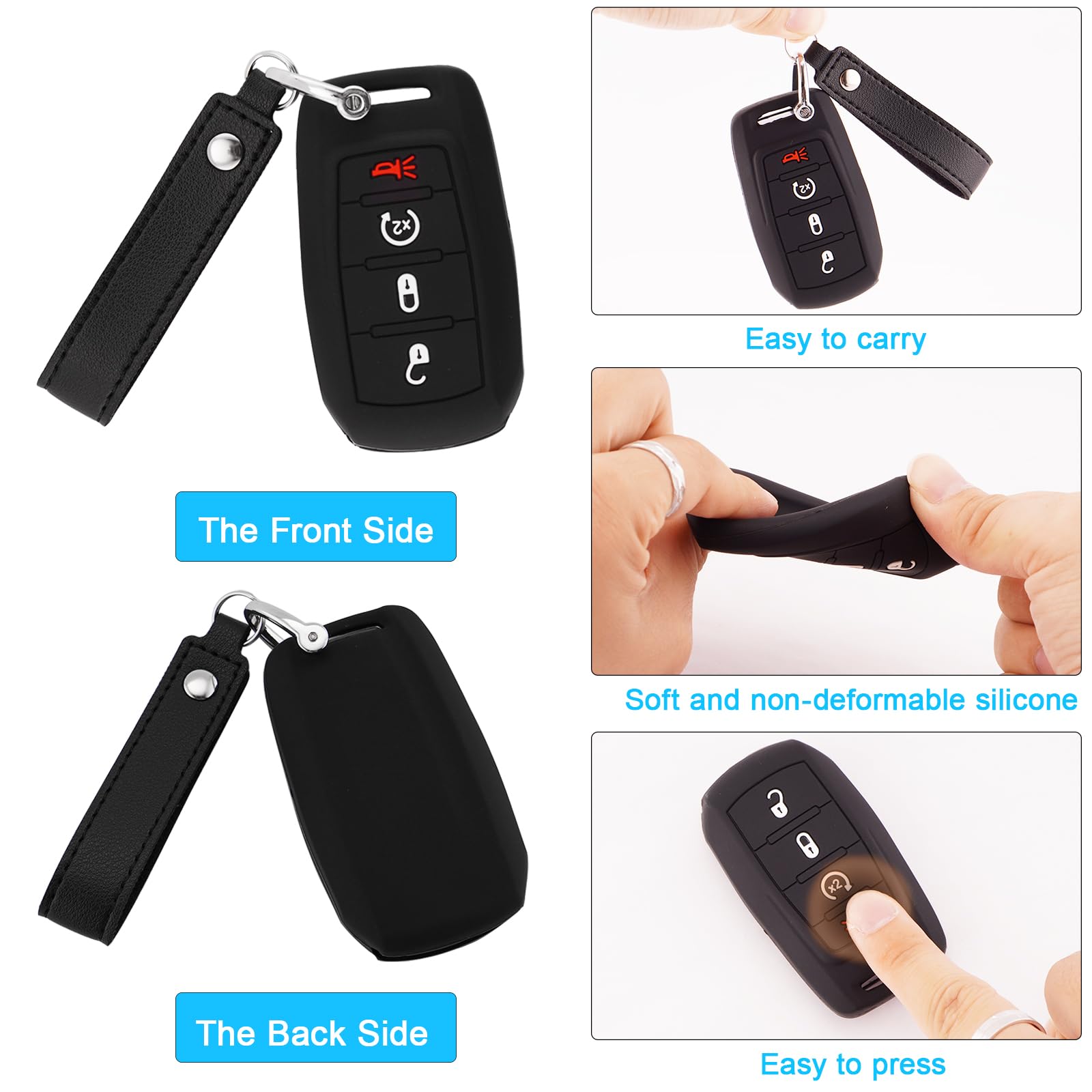Koaudb Silicone Rubber Key Fob Cover Compatible With 2022-2019 Dodge Ram 1500 2500 3500 4500 5500 4 Buttons Smart Car Key Shell