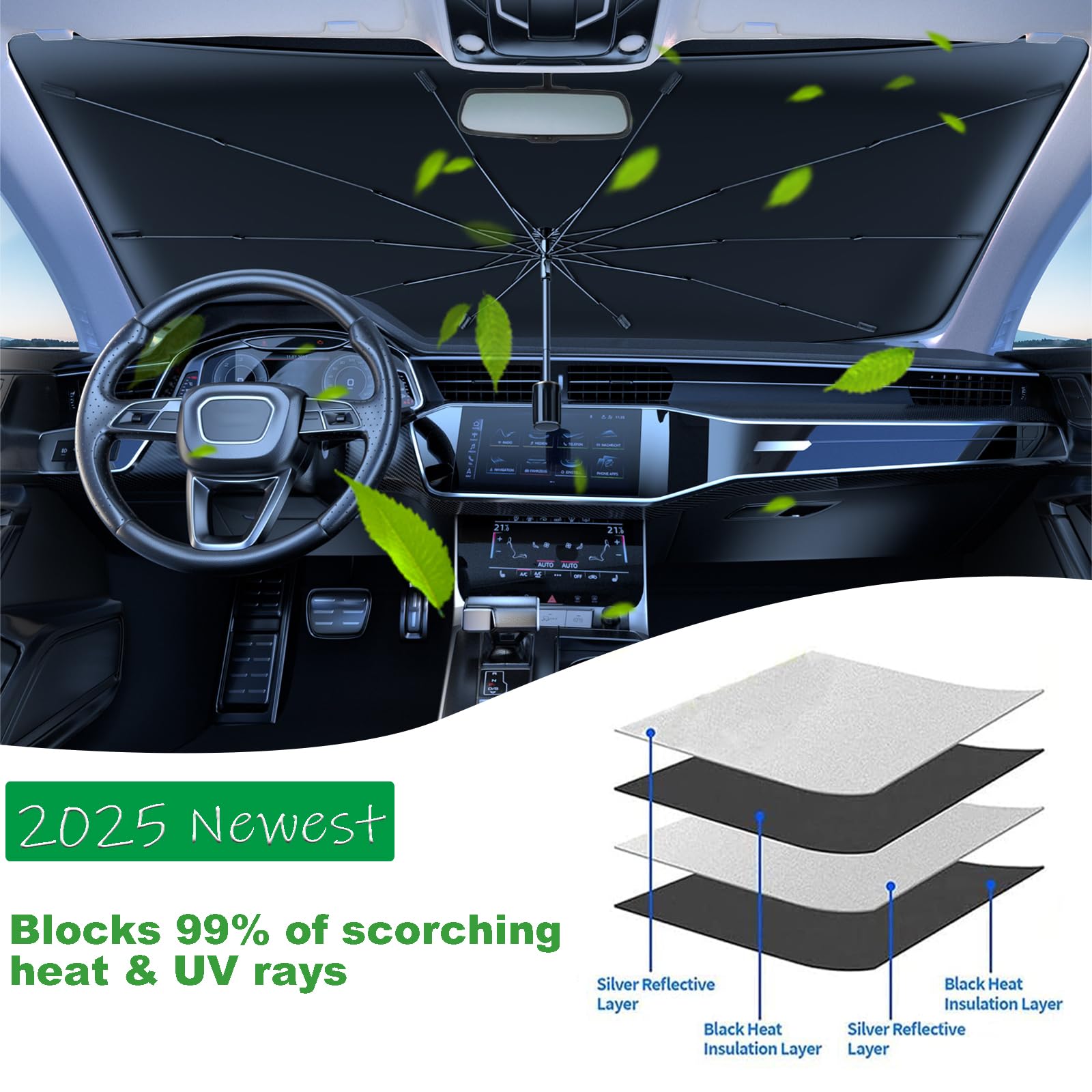 Coricha Windshield Sunshade Umbrella Brella Shade For Car Sun Shade Cover 31 * 57' As Seen On Tv Uv Block Front Window Heat Insulation Protection (Grey)