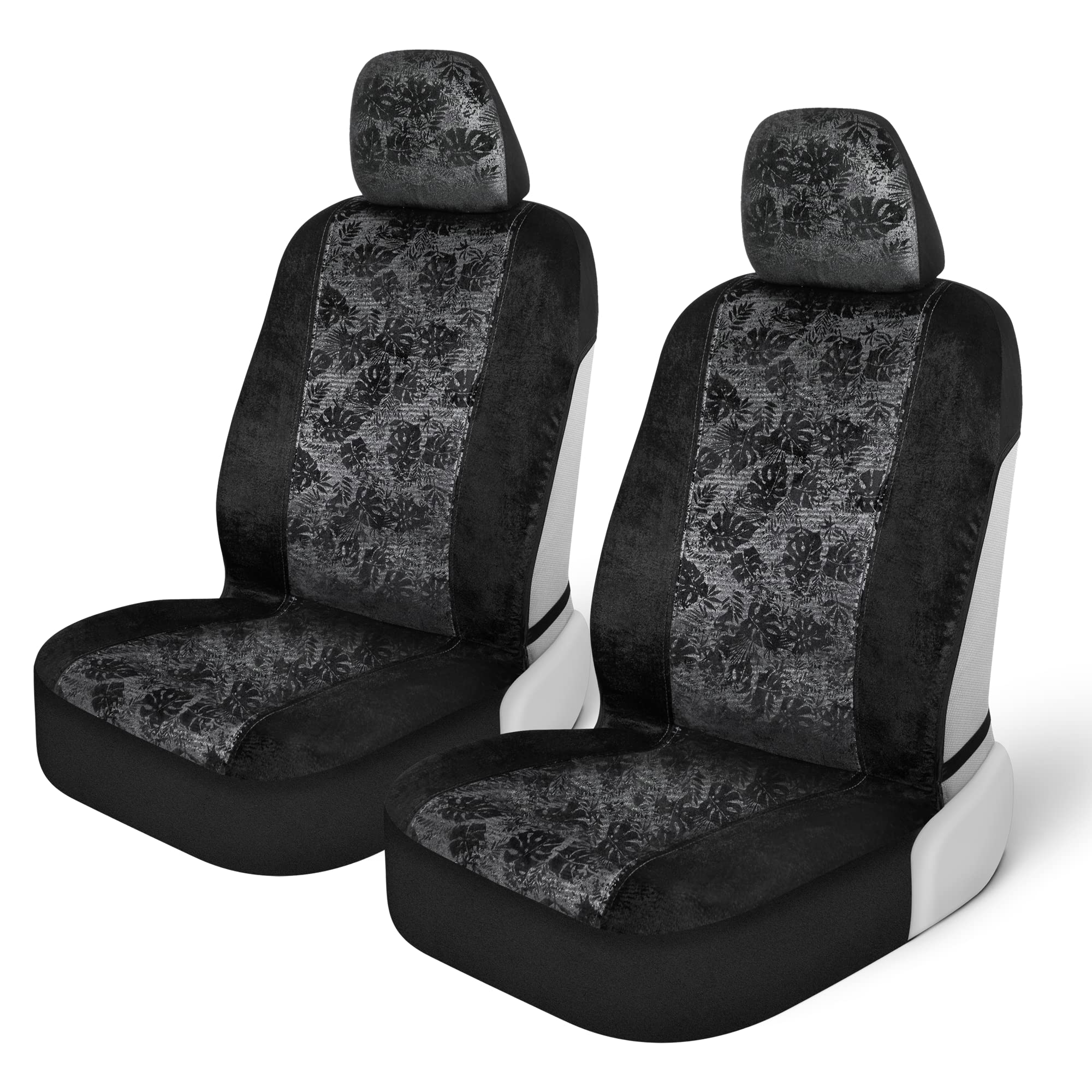 Bdk Black Maui Car Seat Covers For Front Seats, 2 Pack - Tropical Pattern Front Seat Cover Set With Matching Headrest, Sideless Design For Easy Installation, Fits Most Car Truck Van And Suv