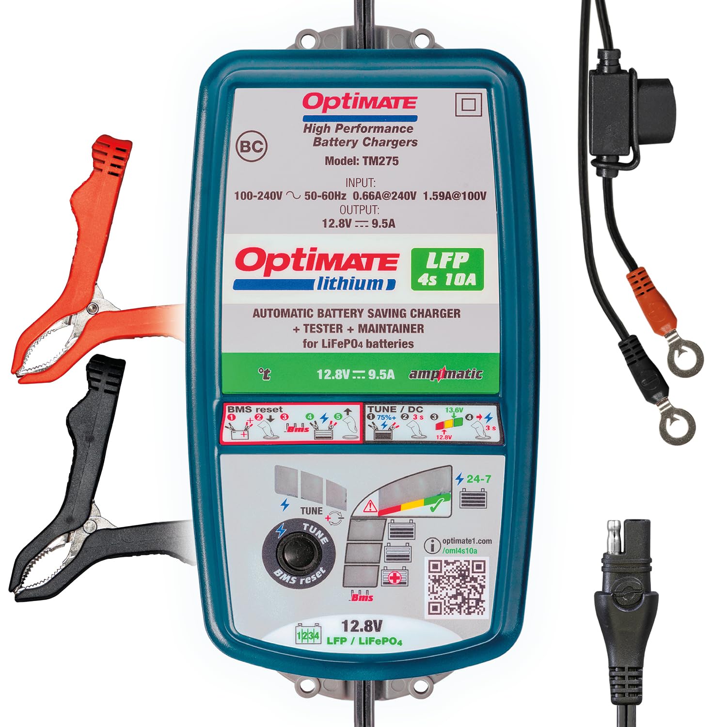 Optimate Lithium 4S 10A, Tm275V2, 10-Step 12.8V 10A High Performance Battery Saving Charger & Maintainer