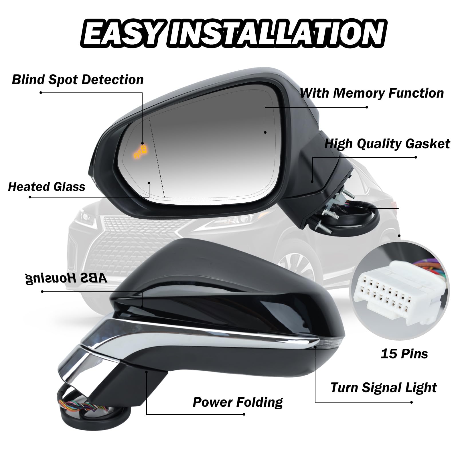 MOFOAP Left Driver Side Mirror For 2016-2022 Lexus RX350 2018-2022 RX350L RX450h RX450hL Mirrors with Blind Spot Indicator,Heate