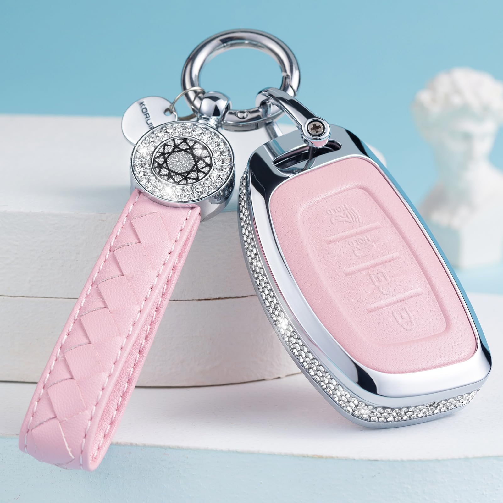 Ruabiban For Hyundai Key Fob Cover With Keychain, Pink Leather Key Case Protection Shell Fit For Hyundai Elantra Ioniq Sonata Tu