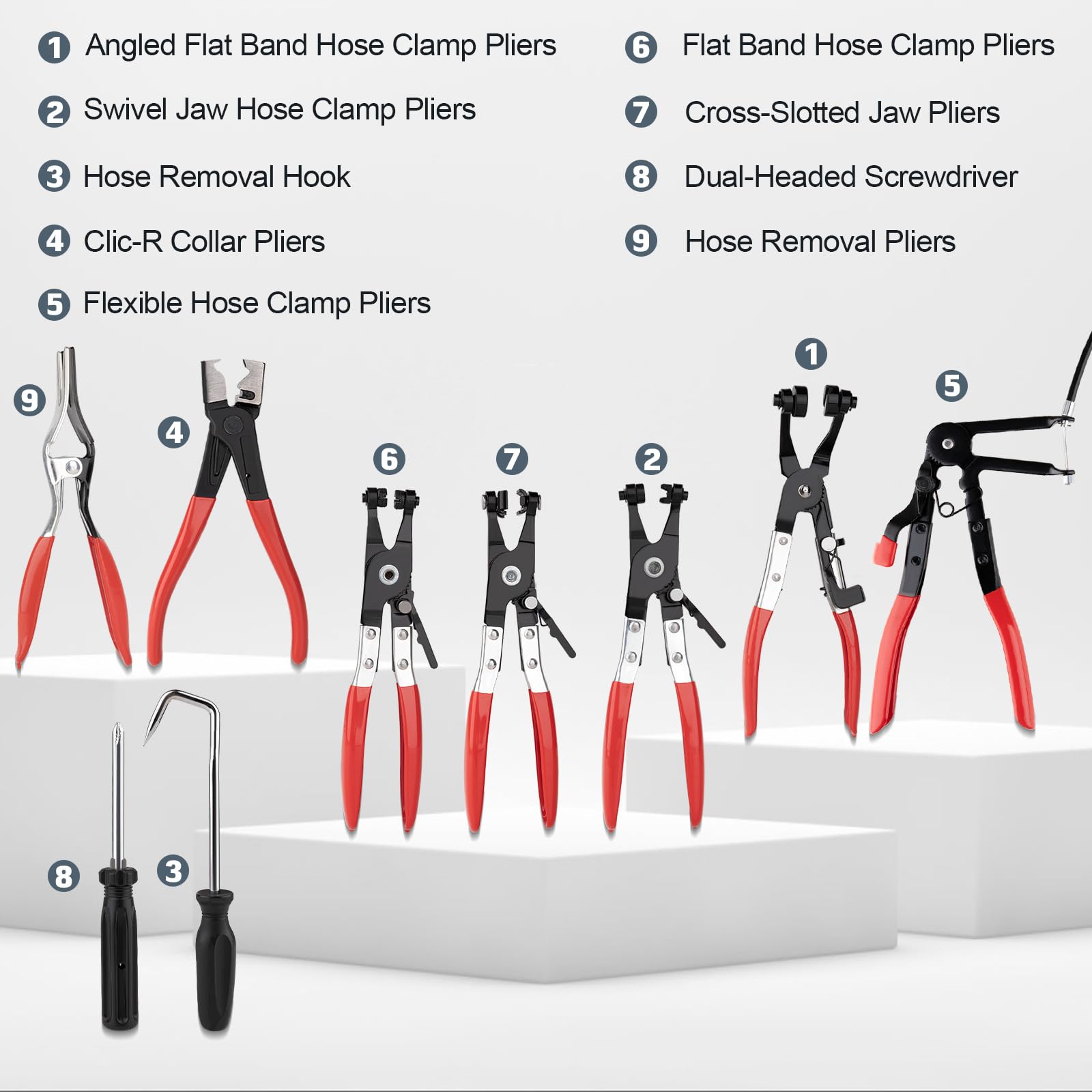 9PCS Hose Clamp Pliers, Long Reach Hose Clamp Tool Remover for Water Hose and Automotive Coolant Radiator Heater with Flexible W