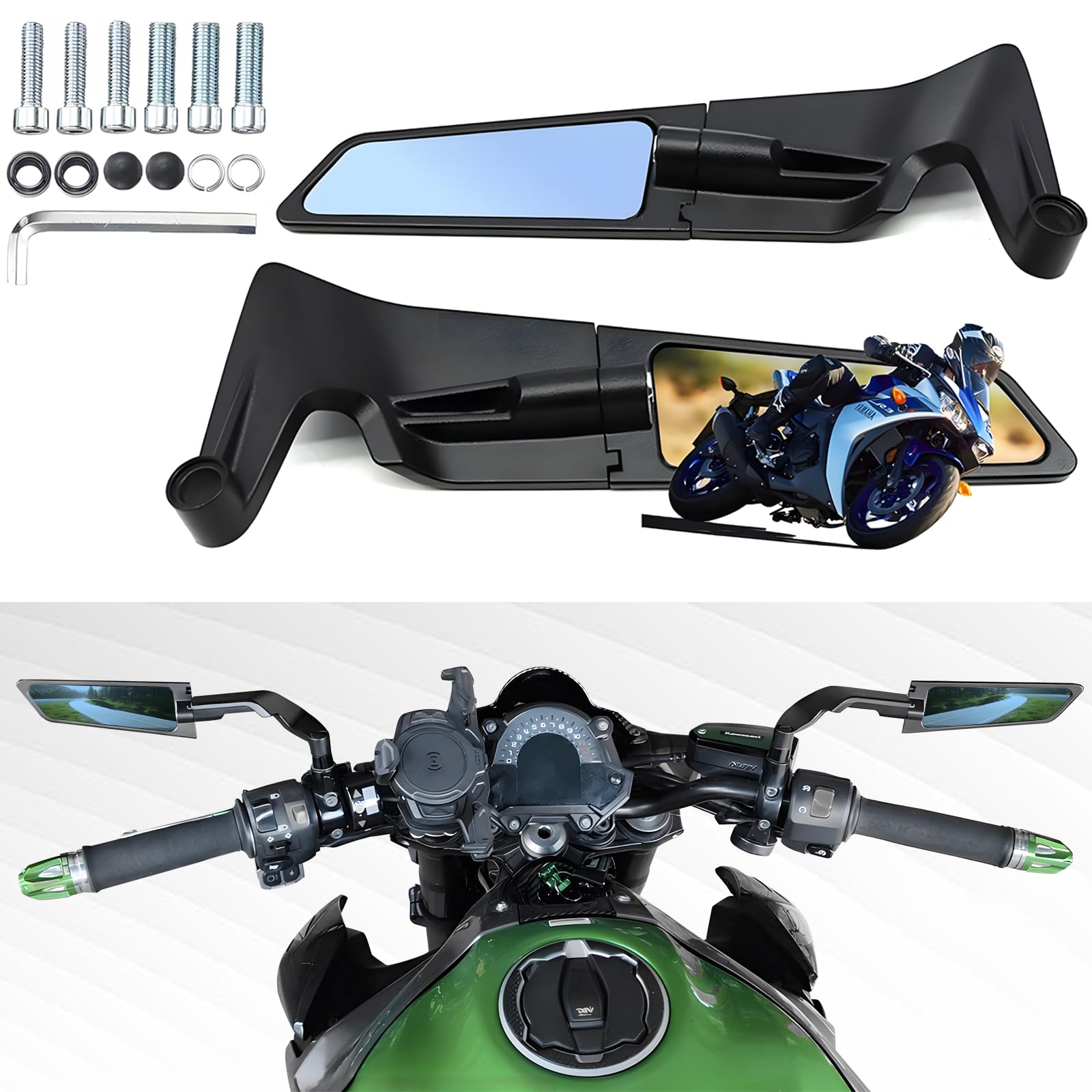 CABORIALLAN Motorcycle Rear View Mirrors, Adjustable 360 Rotating Stealth Wind Wing Side Mirrors Compatible with Kawasaki Z400 Z