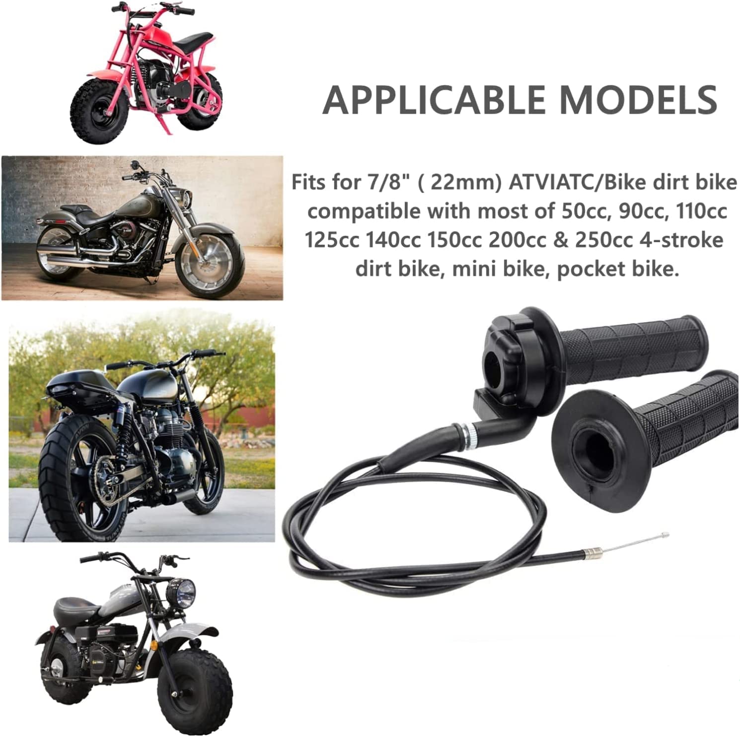 EVSOFMLF 7/8'' 22mm Twist Throttle Cable Handle Kit for 50 90 110 125 196 212cc Pit Bike Dirtbike Set with ON/Off Switch Button