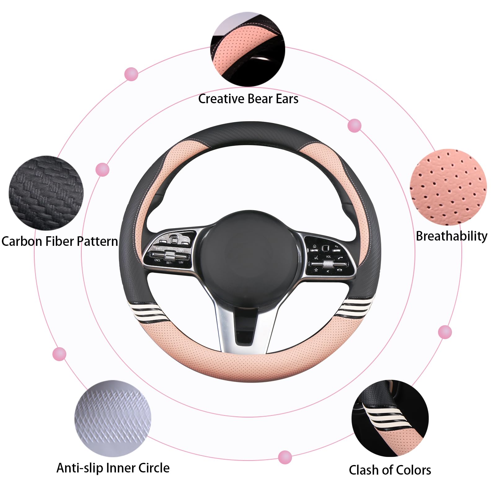 Binsheo Cute Steering Wheel Cover For Women Men Leather Universal 15 Inch,Black And Pink