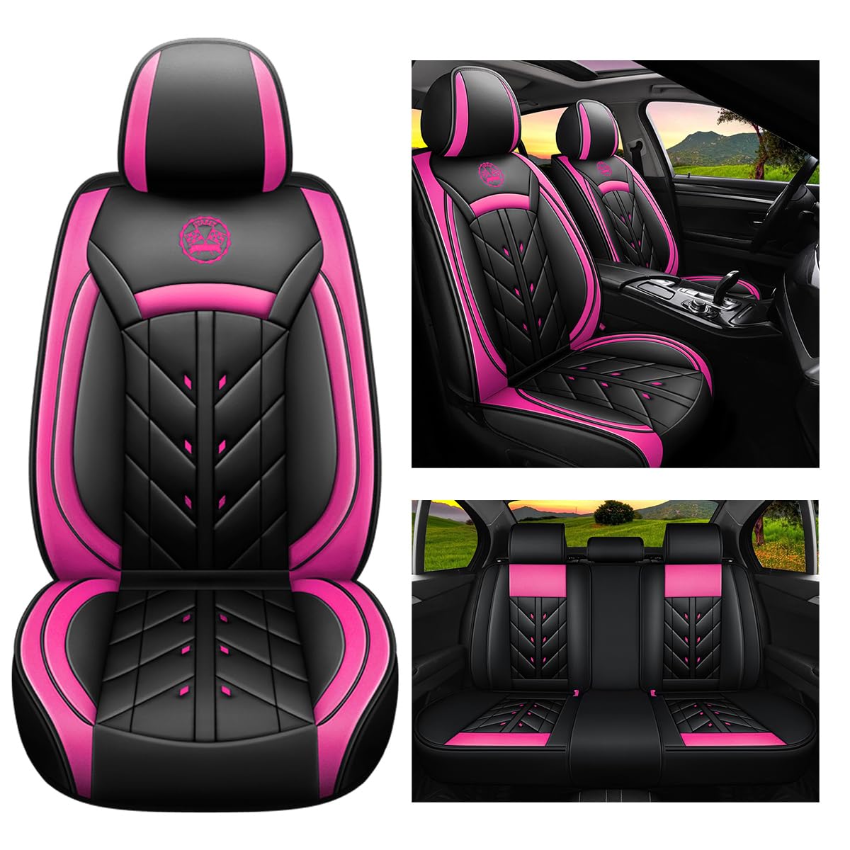 YXQYOEOSO Comfortable Leather Auto Car Seat Covers 5 Seats Full Set Universal Fit (Black & Rose)