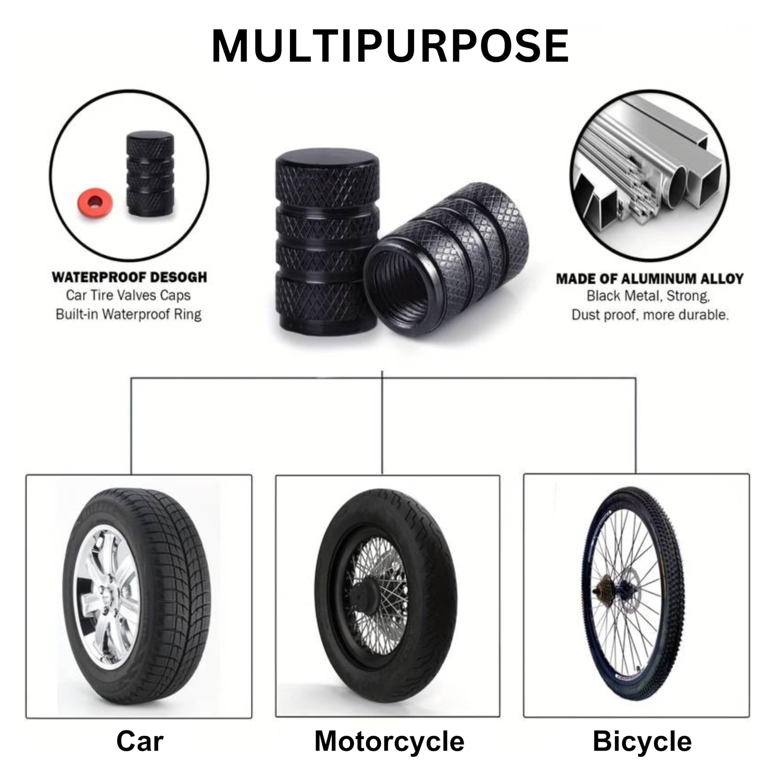 Generic Tire Valve Stem Caps, Tire Valve Cover, Black Aluminum, 4 Pcs/Pack, Anodized Finish, Universal Valve Cap Set For Cars, T