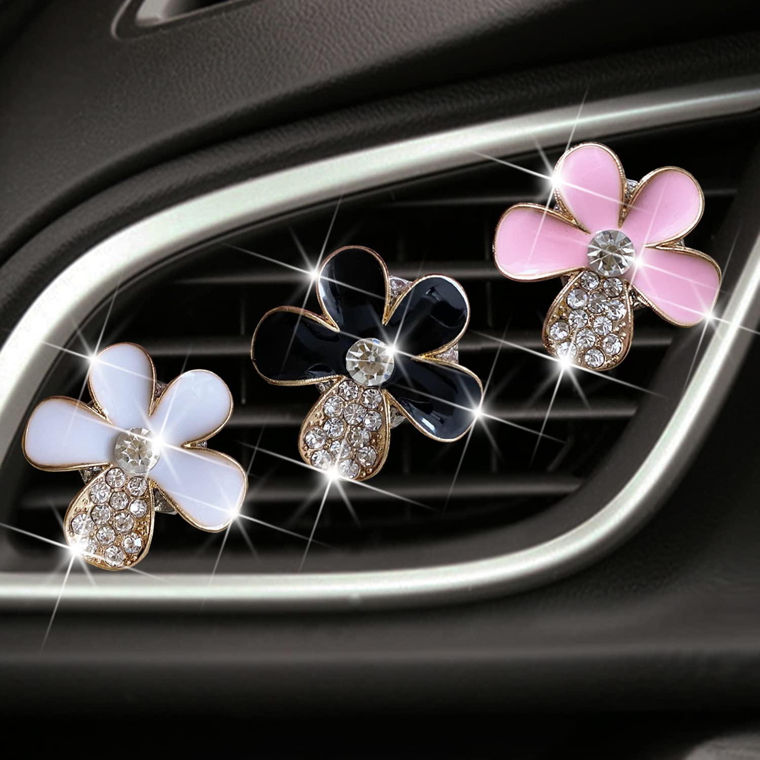 Bling Daisy Air Vent Clips, 3 Pcs Crystal Flower Car Air Fresheners Vents Clips Car Air Conditioning Outlet Clip Rhinestone Cute Car Interior Decoration Car Decor Charm Bling Car Accessories For Women (3 Pcs Bling Daisy)