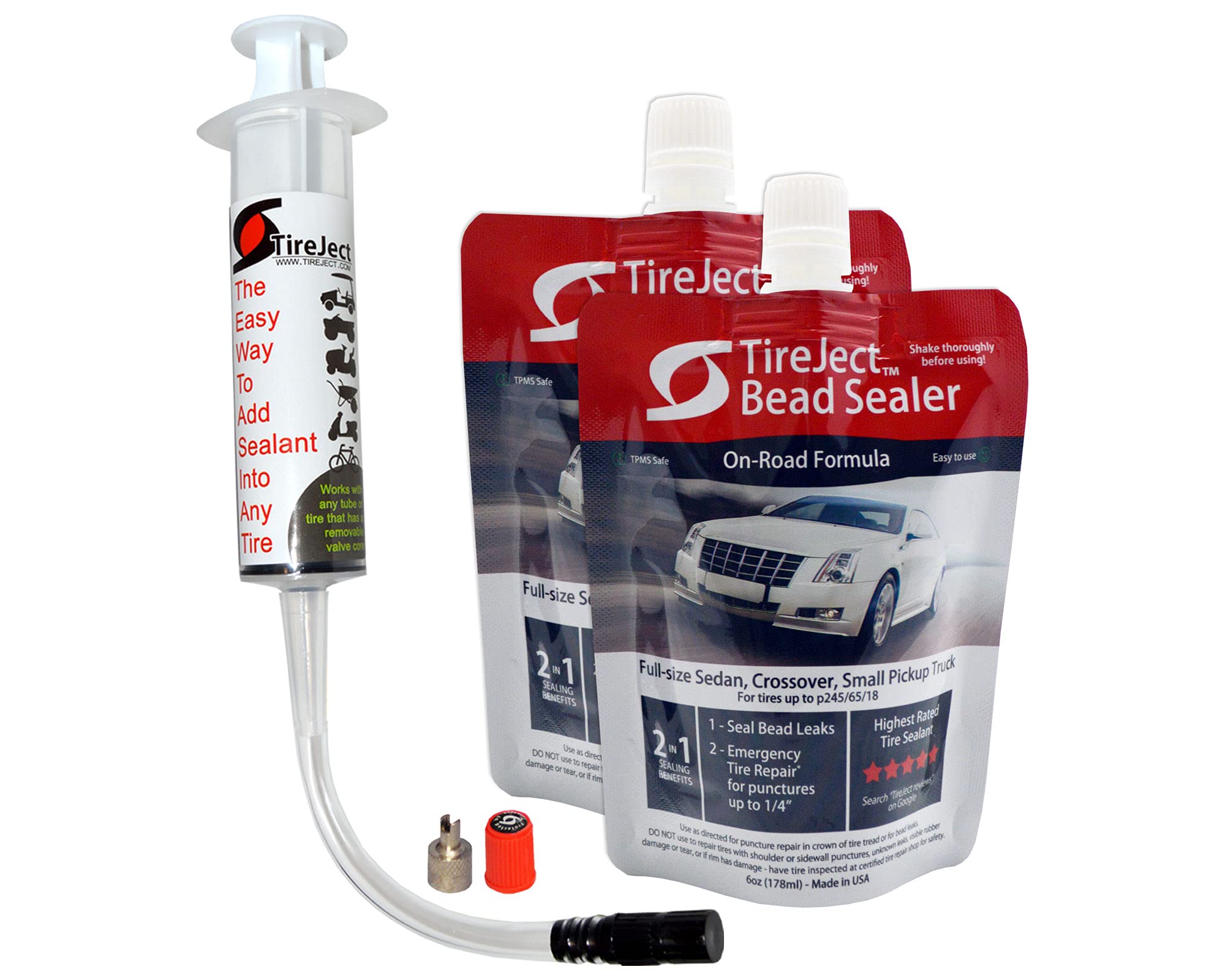 Tireject Automotive Sedan, Crossover, Small Truck 2-In-1 Tire Sealant & Bead Sealer Kit (2-Pack With Injector)