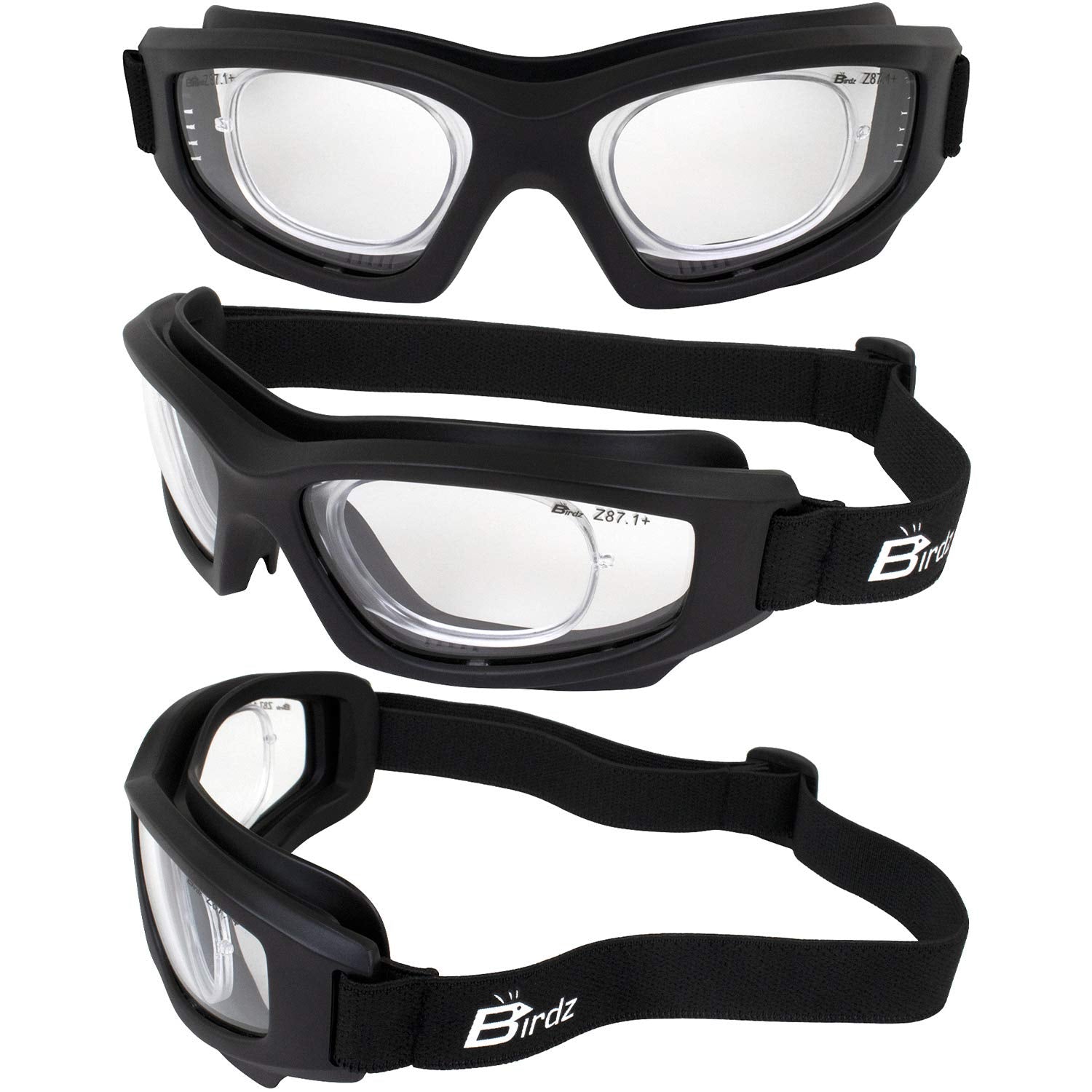 Birdz Flyer Sports Skydiving Construction Safety Goggles Black Frame With Yellow Anti-Fog Lens Rx Adapt (Clear)