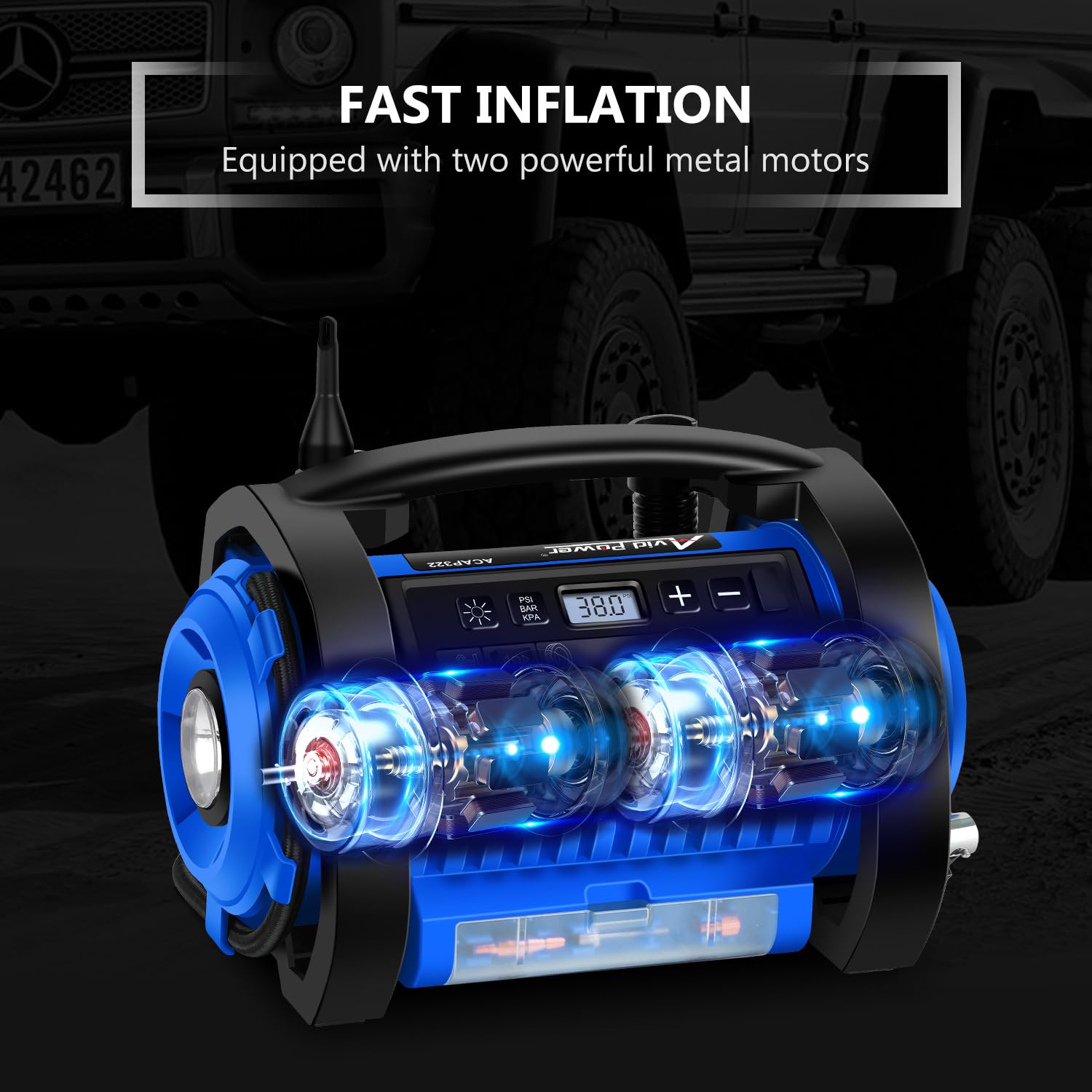 Avid Power Tire Inflator Portable Air Compressor, 12V Dc / 120V Ac Car Tire Pump, Air Mattress Pump With Inflation And Deflation Modes, Dual Powerful Motors, Digital Pressure Gauge