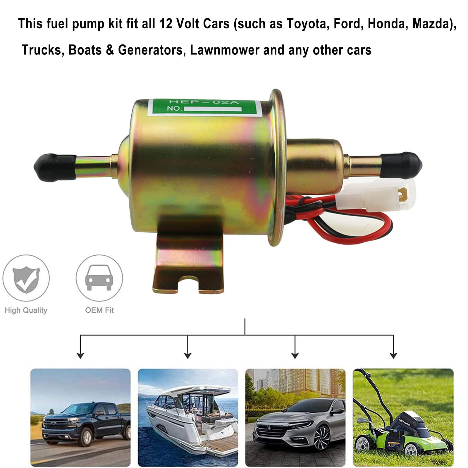 Universal Electric Fuel Pump Kit For All 12V Cars Trucks Boats Carburetor Lawn Mower, Dc 12V (3-6Psi) Fuel Pump+ 2M 5/16'' Id Fu