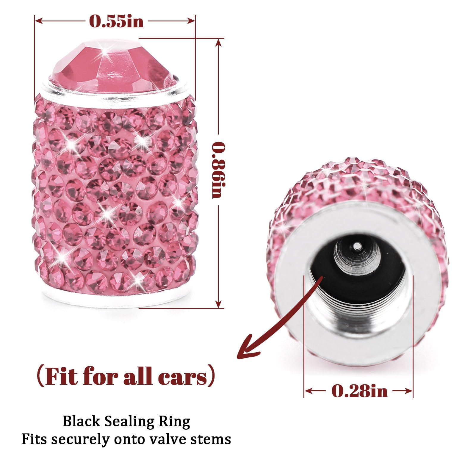 ToBeQueen Bling Pink Tire Valve Caps, 4 Pack Handmade Crystal Rhinestone Diamond Pink Sparkly Tire cCover Universal Dustproof Li