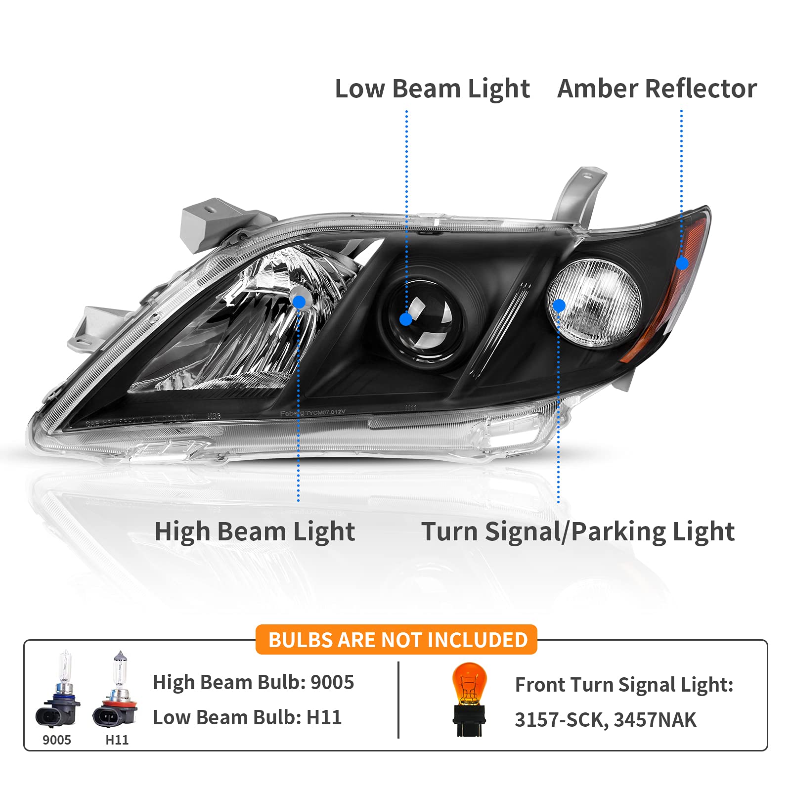 Dwvo Projector Headlight Assembly Compatible With 07 08 09 2007 2008 2009 Camry Exclude Hybird Black Housing With Amber Reflecto