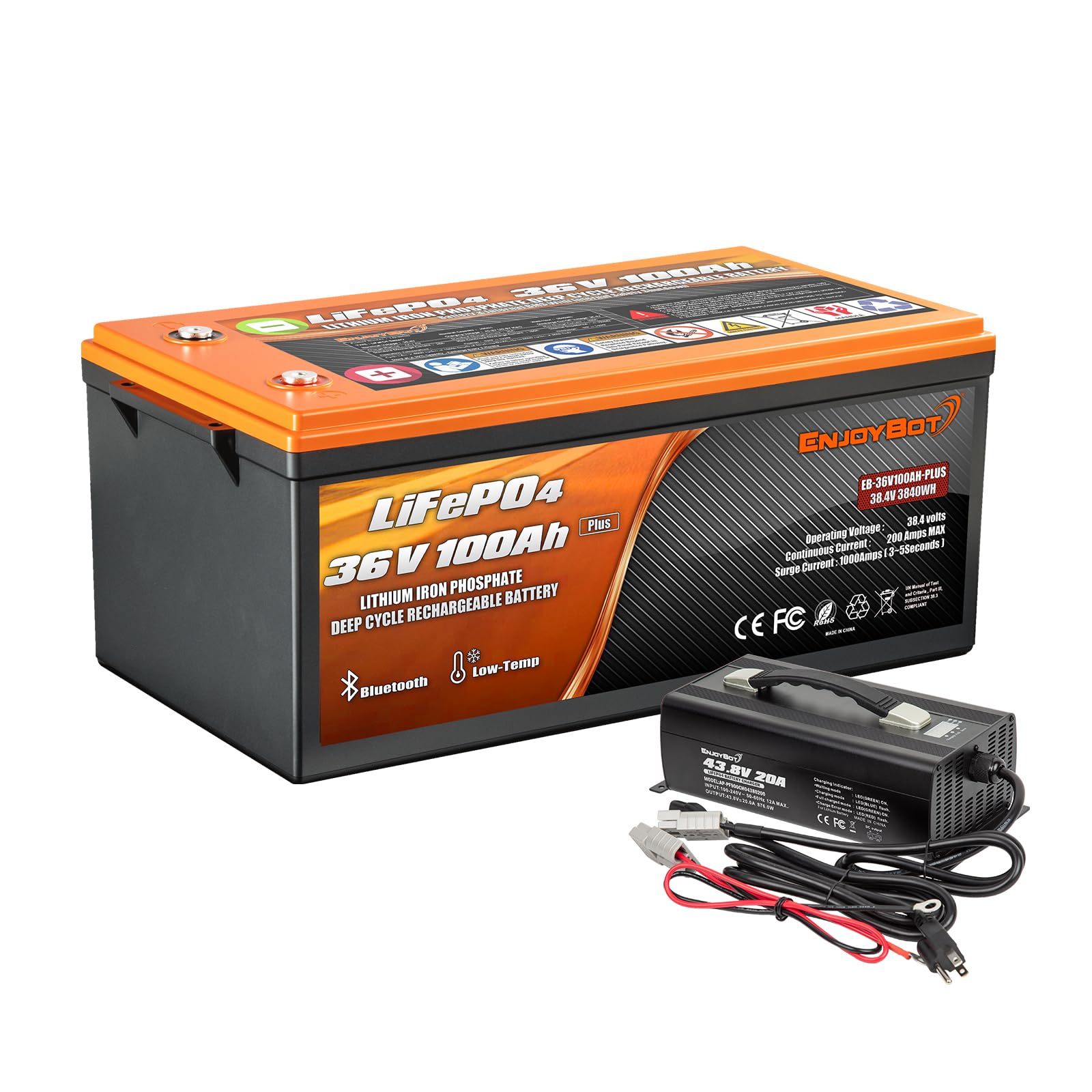 Enjoybot 36V 100Ah Plus Lifepo4 Lithium Battery With 43.8V 20A Charger, Built-In 200A Bms And Bluetooth, Support 2 Series Connec