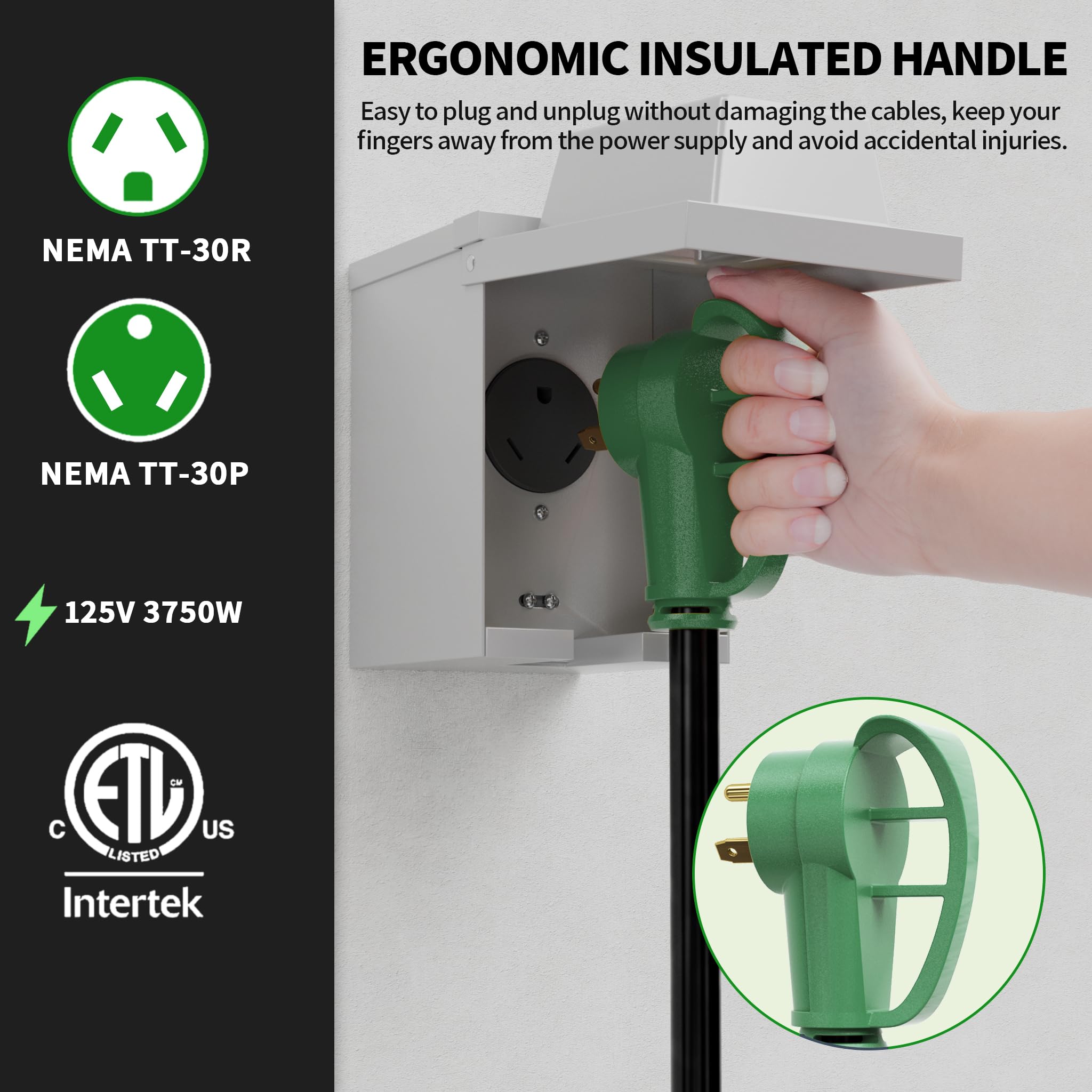 Powgrn 30 Amp Rv Extension Cord 75 Ft Outdoor With Grip Handle, Flexible Heavy Duty 10/3 Gauge Stw 3 Prong Rv Power Cord Waterpr