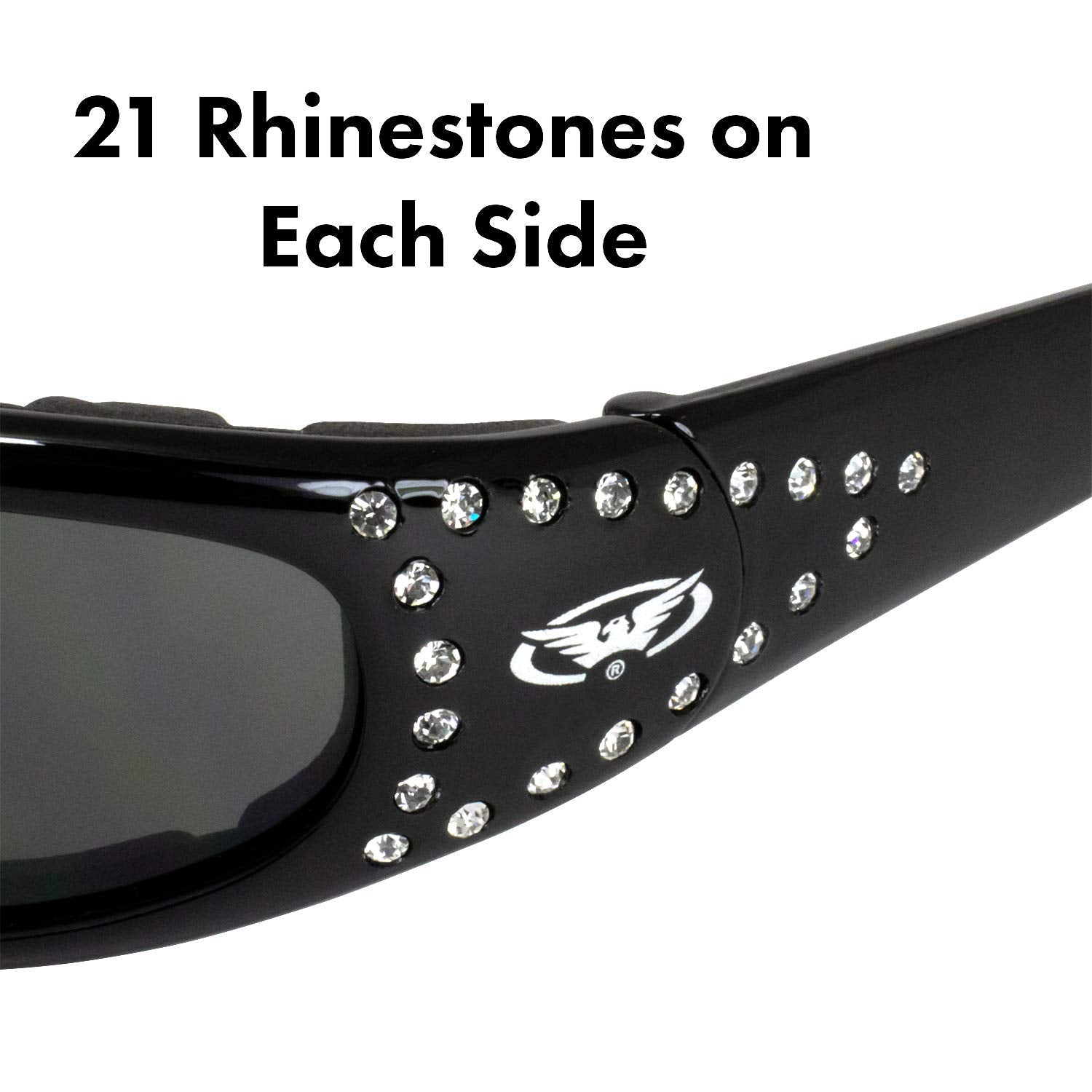 Global Industrial Set Of 2 Women Padded Motorcycle Sunglasses Riding Glasses Clear And Smoked Rhinestones With Vented Eva Foam P