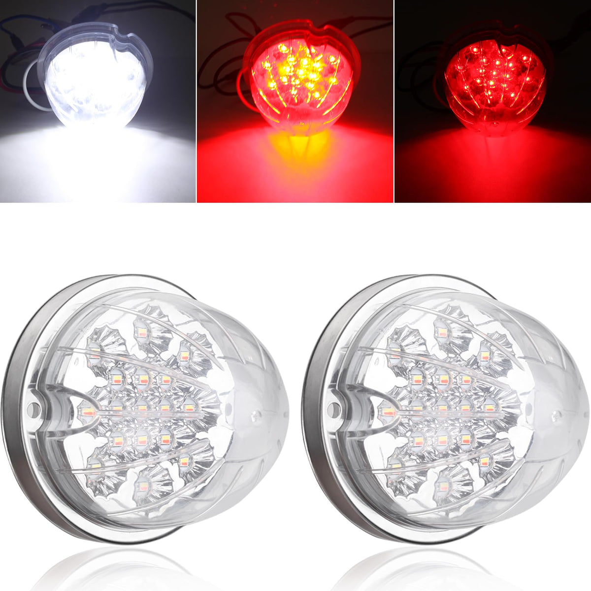 2Pcs Dual Revolution Red Turn Signal And Marker To White Auxiliary 17 Led Watermelon Lights, Clear Lens & Stainless Steel Bezel