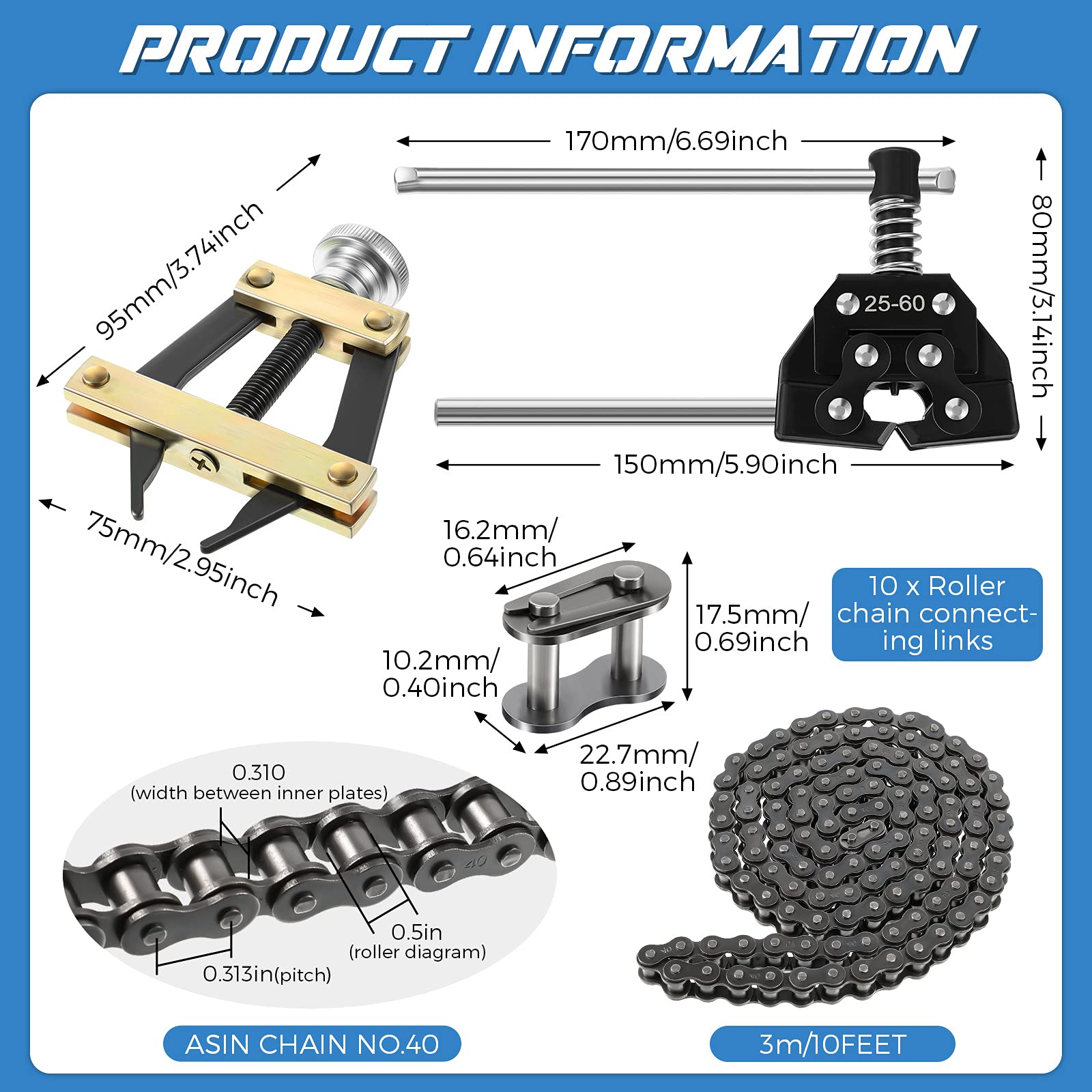 13 Pieces Roller Chain Disassembly Kit, Include Detacher Breaker Cutter Roller Chain Connecting Puller Holder Tool 40 Roller Cha