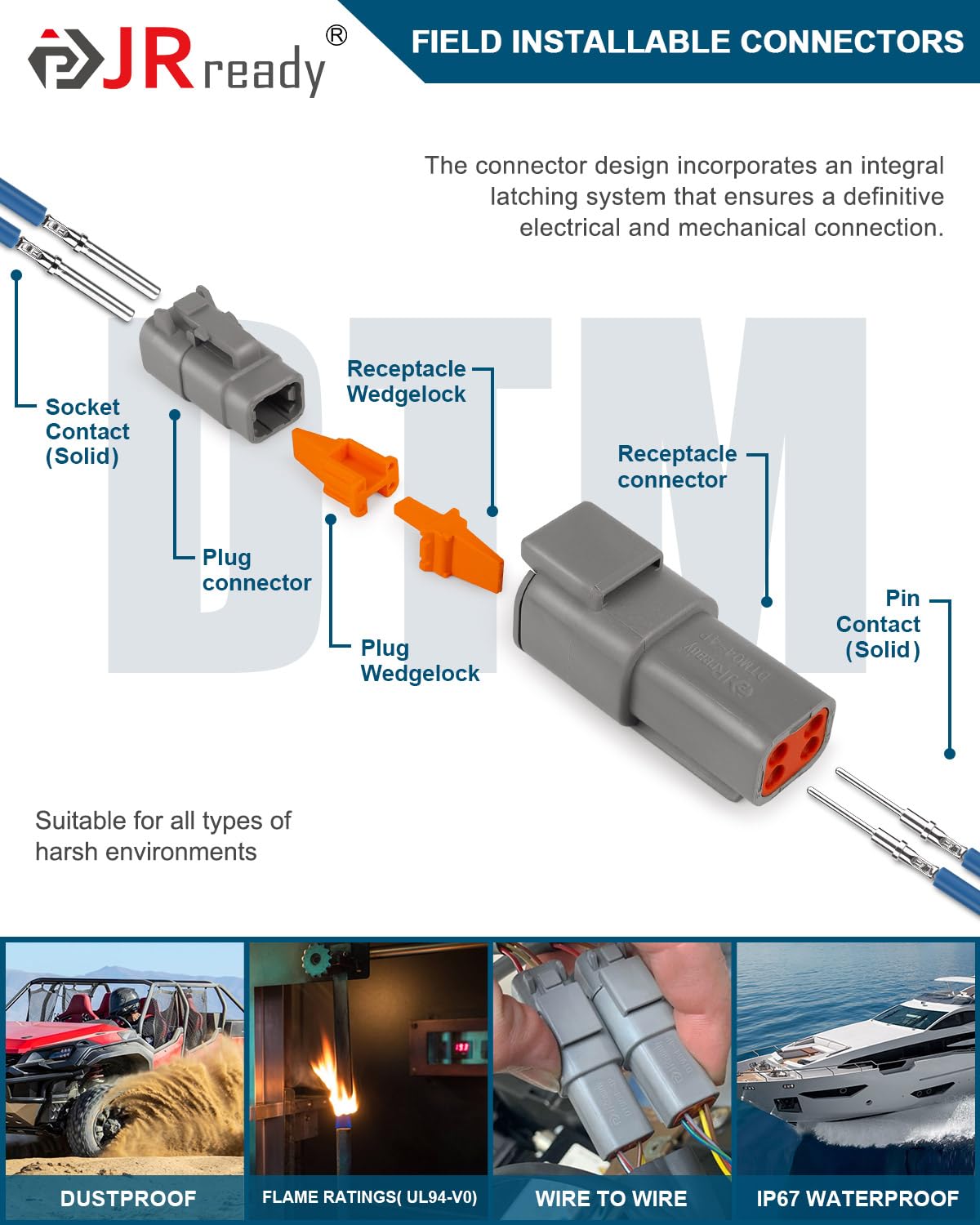 JRready Deutsch DTM 4 Pin Connectors 4 Kits, Waterproof Electrical Wire Connectors with Size 20 Solid Contacts 20-22AWG, ST6330-