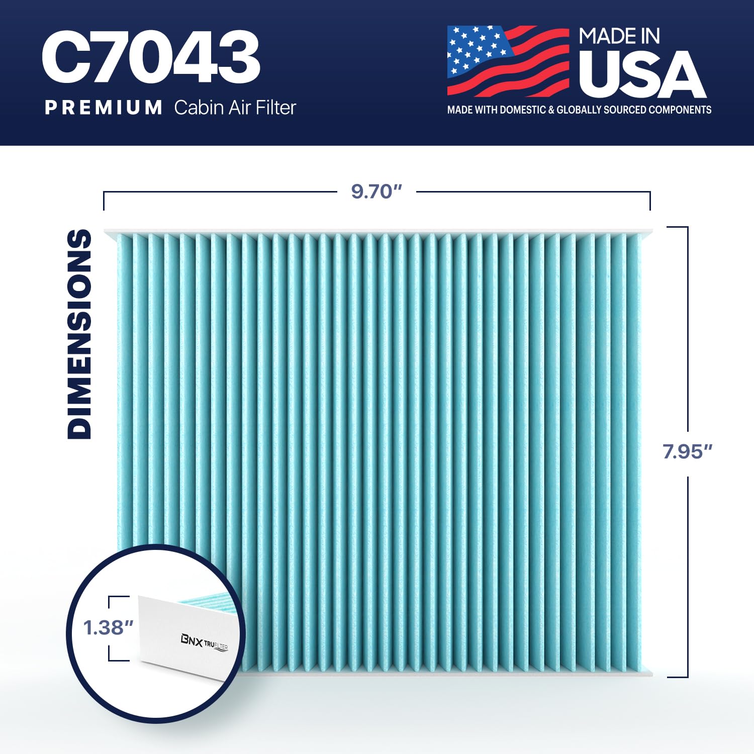 Bnx Trufilter C7043 Cabin Air Filter, Hepa 99.97%, Made In Usa, Compatible With Ford C-Max, Escape, Focus, Gt, Transit Connect,