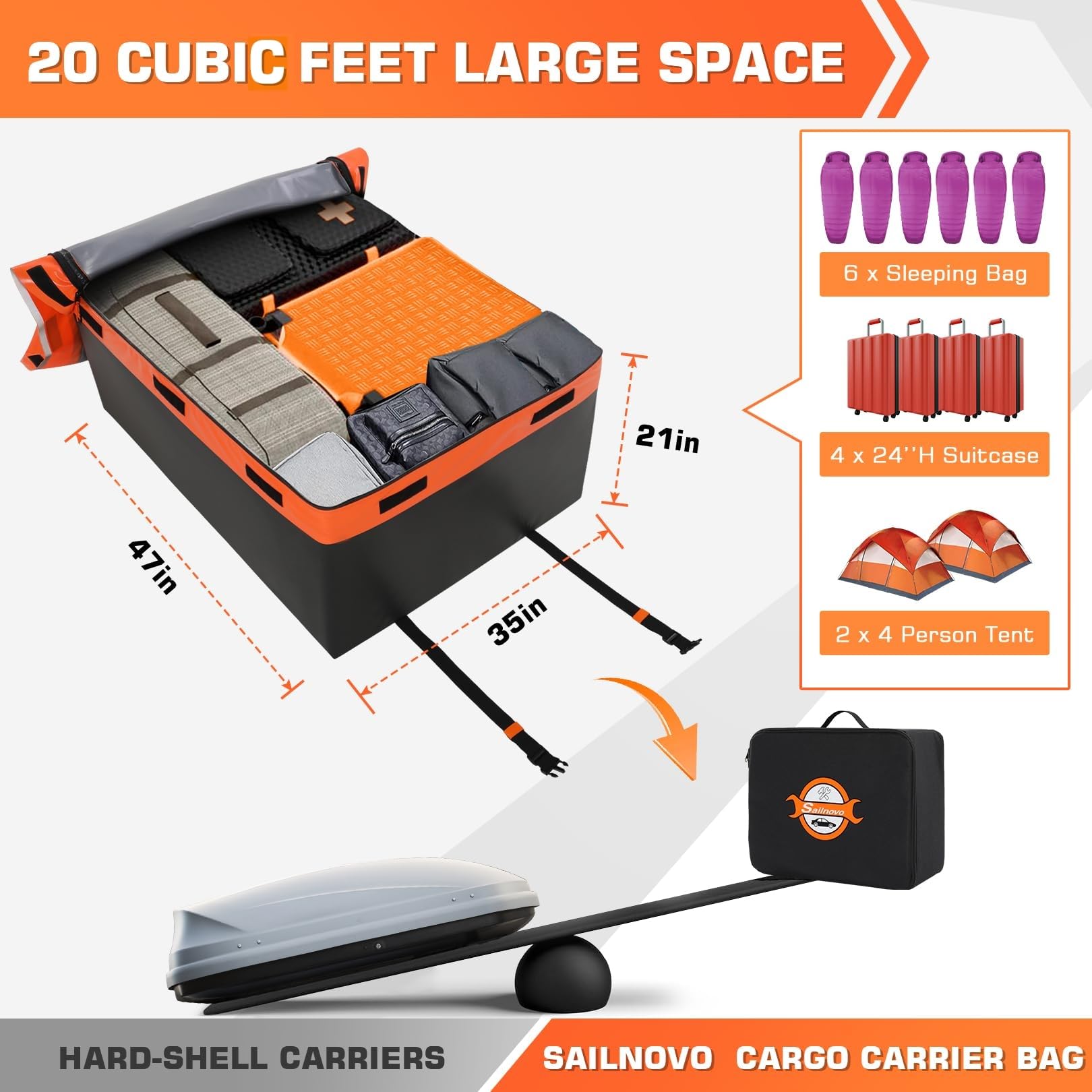 Sailnovo Rooftop Cargo Carrier 20 Cubic, Waterproof Car Roof Bag Soft-Shell Carriers Top Luggage Storage With Slip Mat, 6 Door H