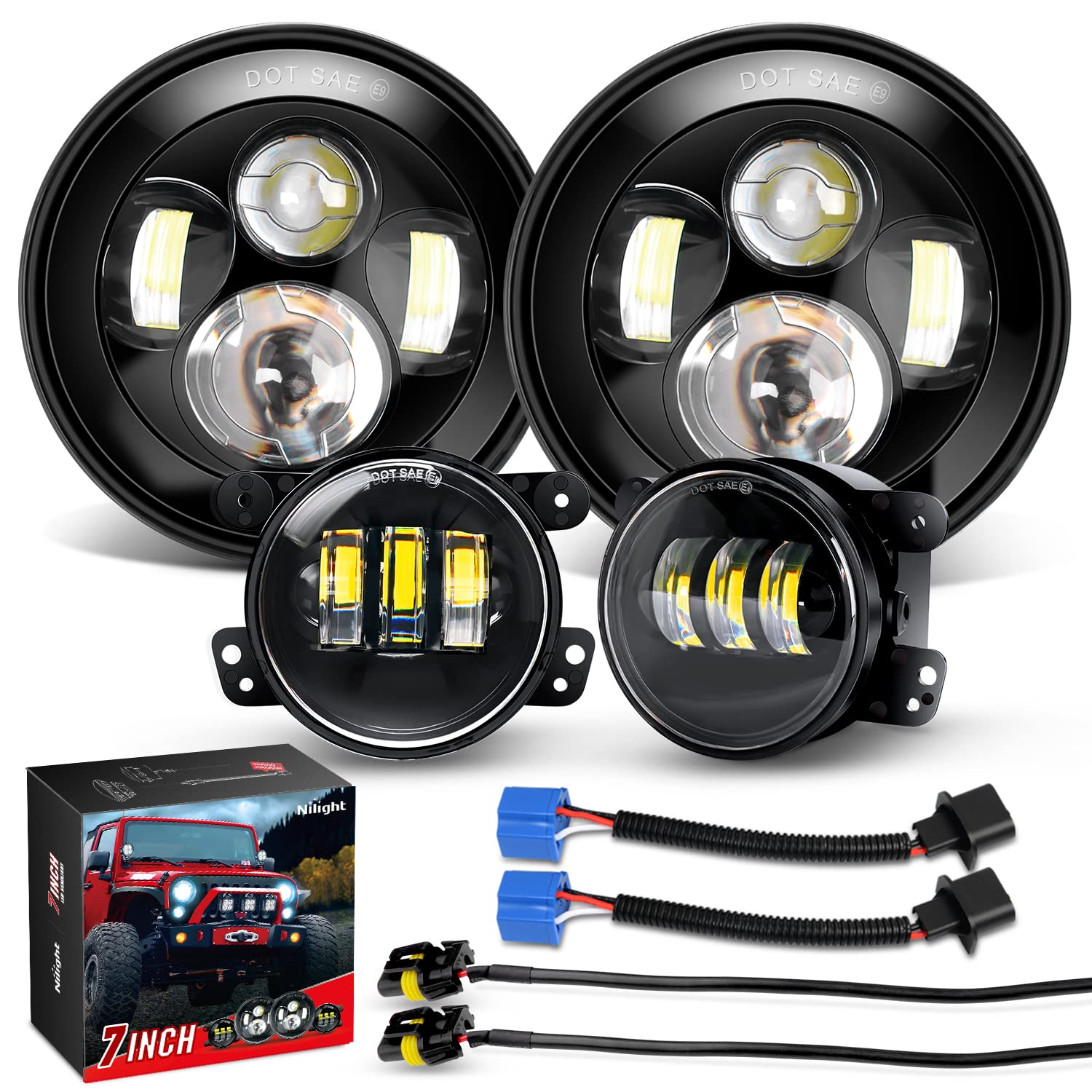 Nilight 4Pcs 7 Inch Round Cree Headlight And 4 Inch Fog Lights High Low Beam Compatible With 1997-2018 Wrangler Jk Unlimited Jku