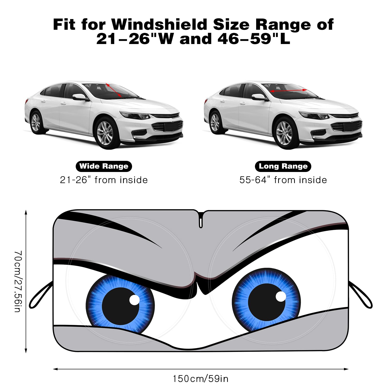 Car Windshield Sun Shade, Funny Eyes Sun Visor, Wear-Resistant Black Tape, Foldable 59X27.5/63''X31.5''