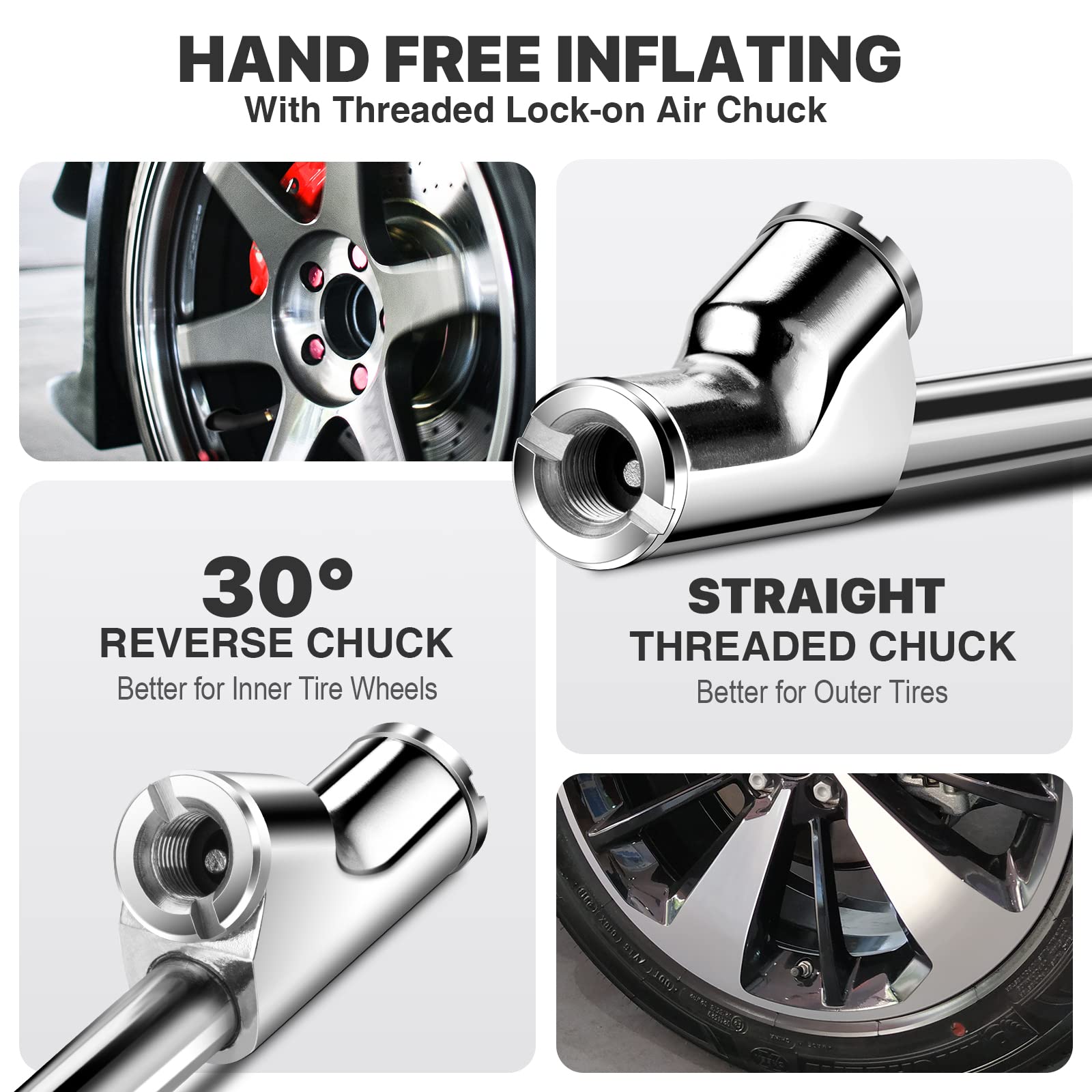 14'' Extended Reach Dual Head Air Chuck, 2-Way Connection 1/4'' FNPT Straight Lock On Tire Inflate Chuck, Tire Chuck with Standa