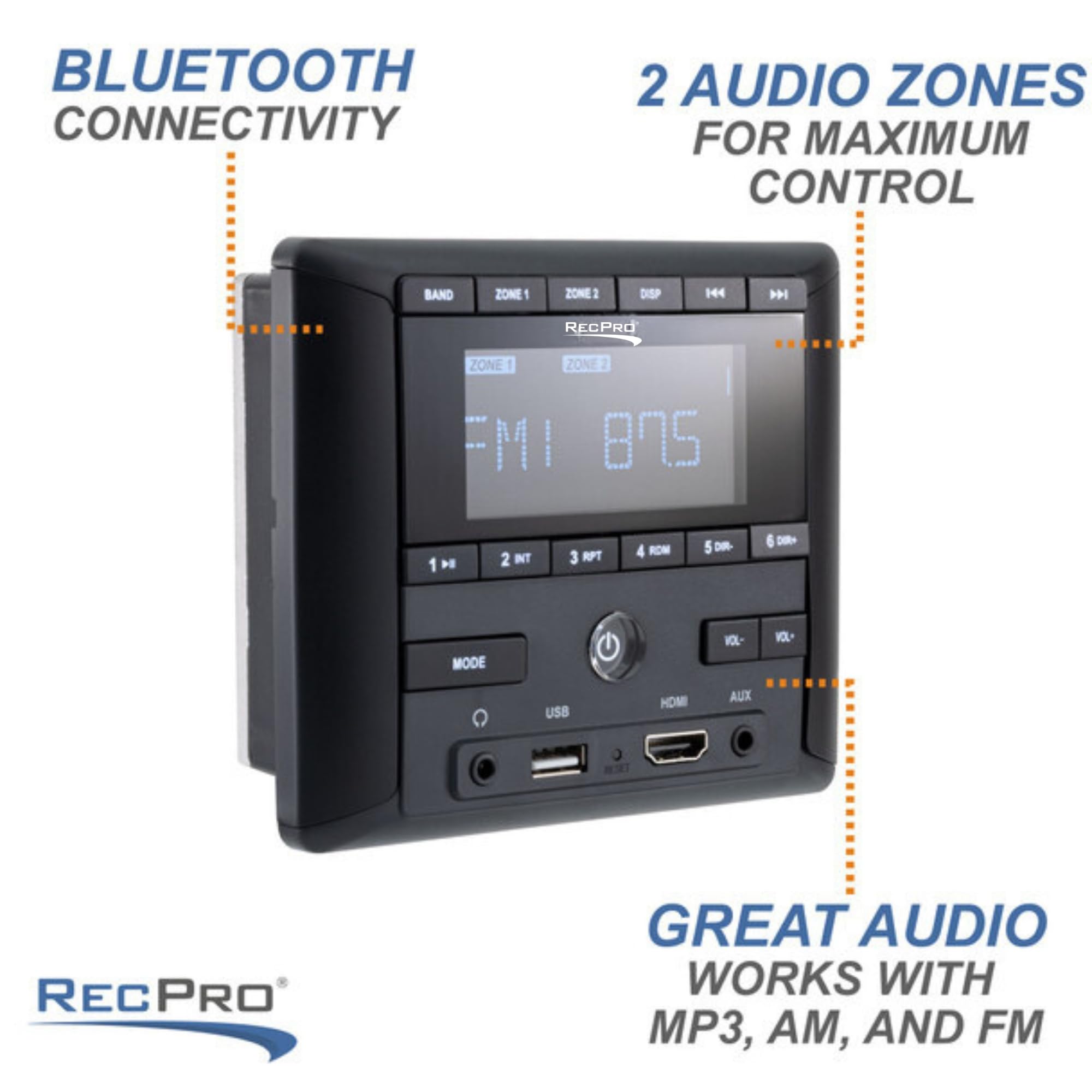 RecPro RV Stereo AM/FM Radio with Bluetooth | Aux-in | HDMI | 4-Channel Audio | 2 Zones | RV Sound System