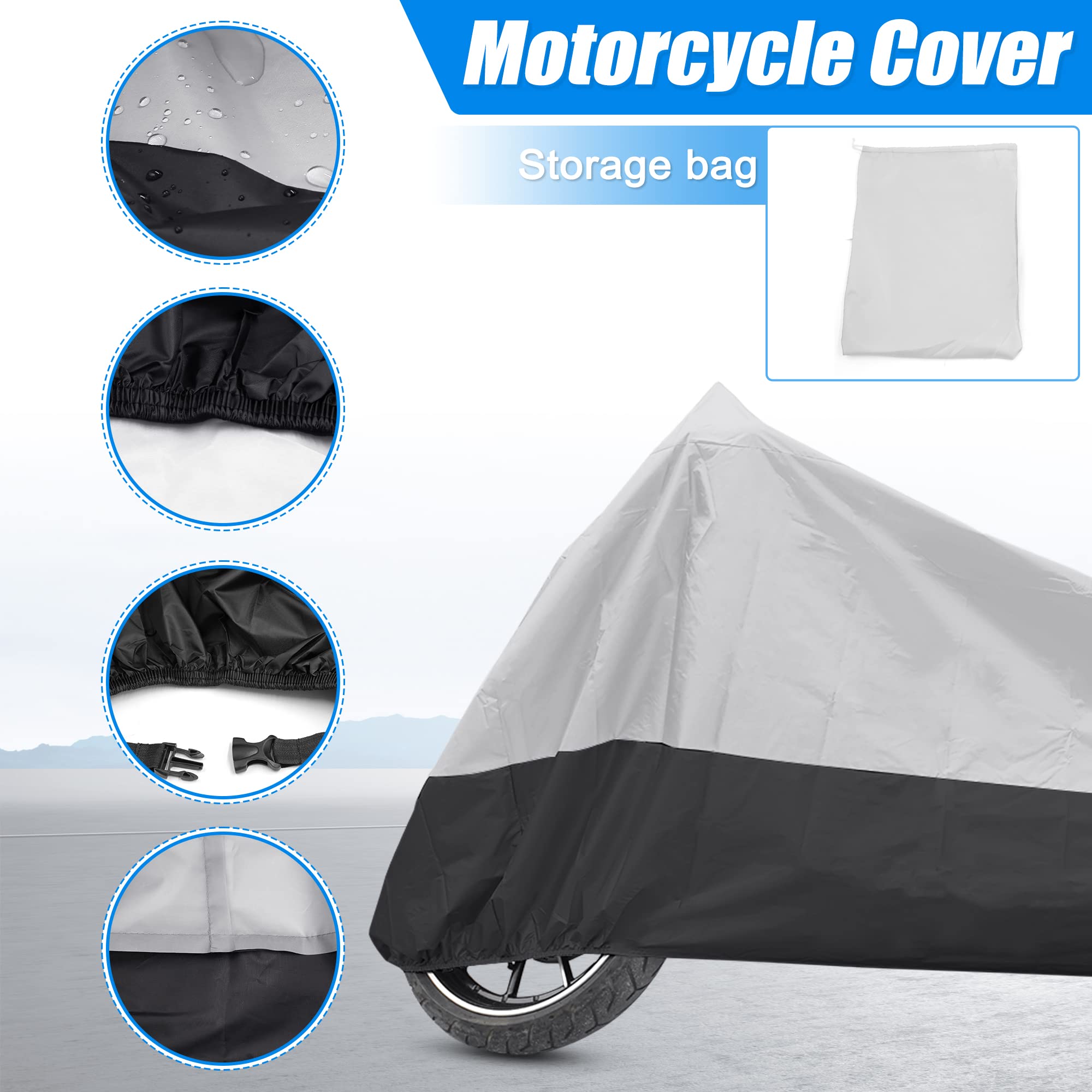 Uxcell Motorcycle Cover Bike All Season Waterproof Dustproof Protective Outdoor Motorbike Rain Cover 190T Xl Silver Tone Black F