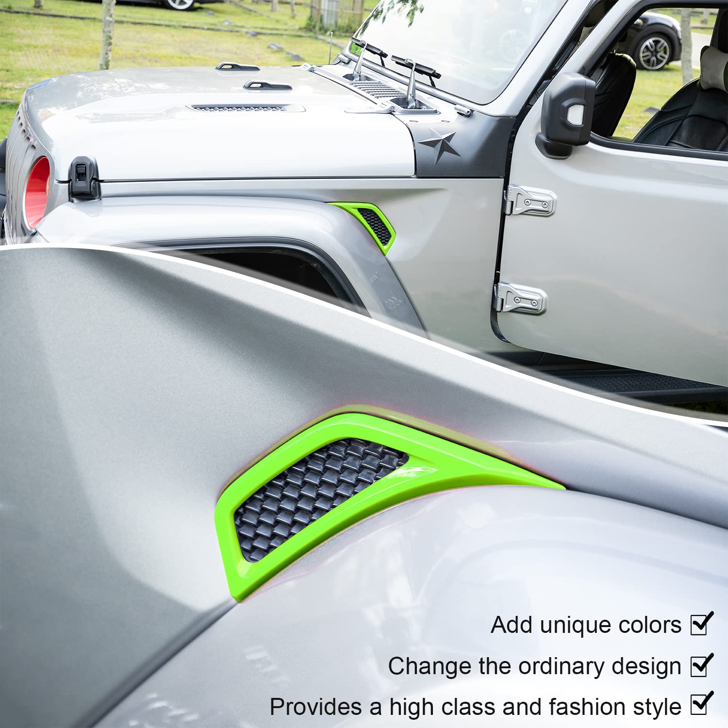 Bonbo 2Pcs Exterior Accessories Wheel Eyebrow Side Air Conditioning Vent Outlet Cover Trim For Jeep Wrangler Jl Jlu Sports Sahara Freedom Rubicon Unlimited Gladiator Jt 2018-2023 (Green)