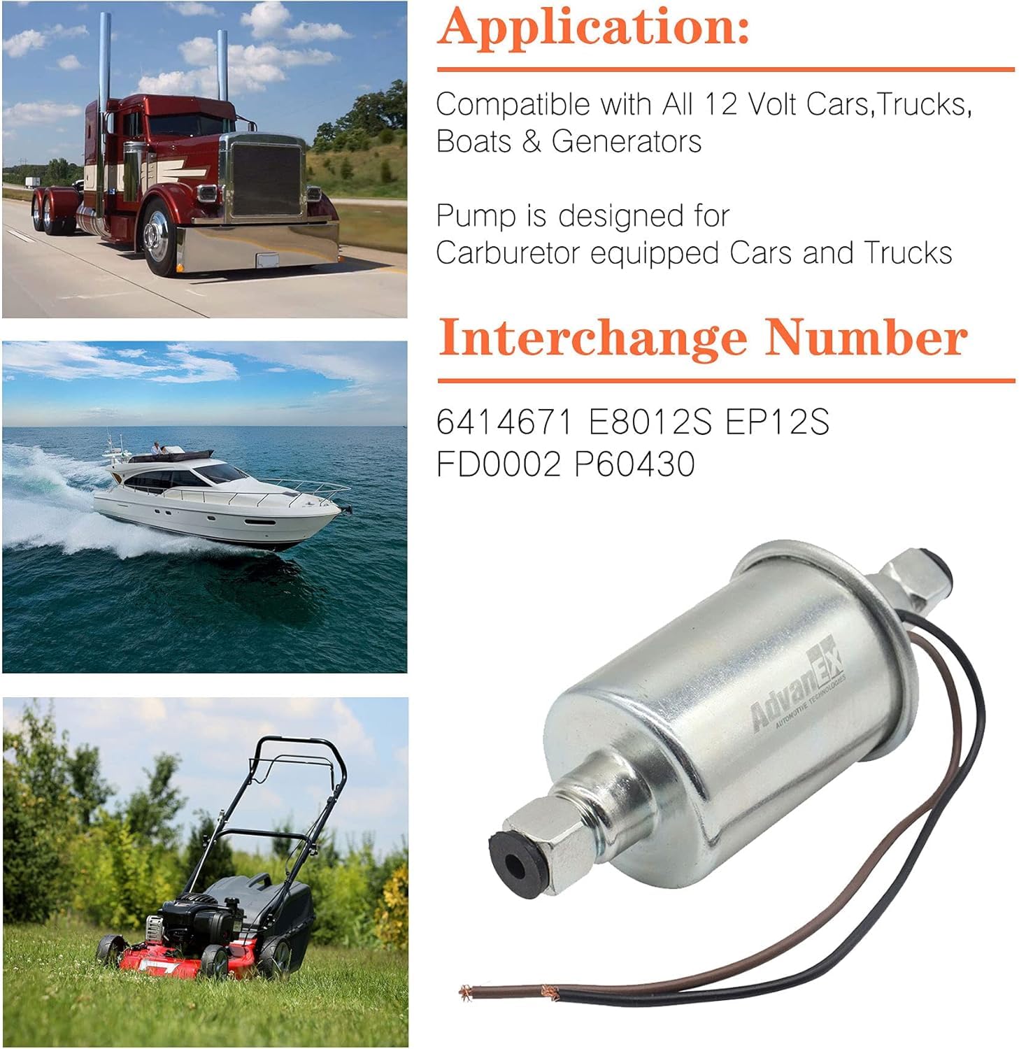 Advanex Universal Electric Fuel Pump 12V Low Pressure Gasoline Diesel Transfer Pump For Carburetor With Installation Kit E8012S