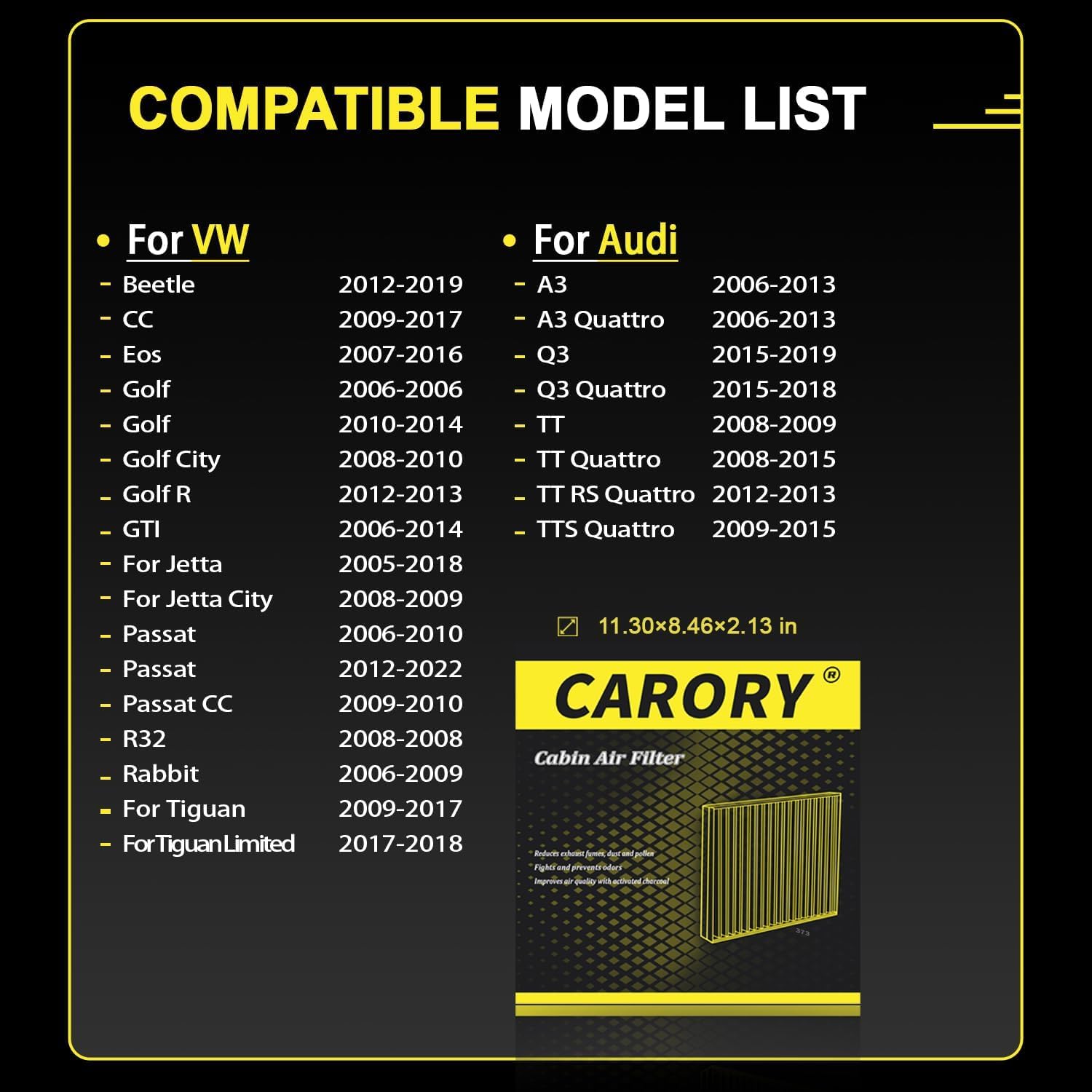 CARORY Cabin Air Filter w/Activated Carbon for Volkswagen Beetle, CC, Eos, Golf, Golf R, GTI, Jetta, Passat, Rabbit, Tiguan, Rou