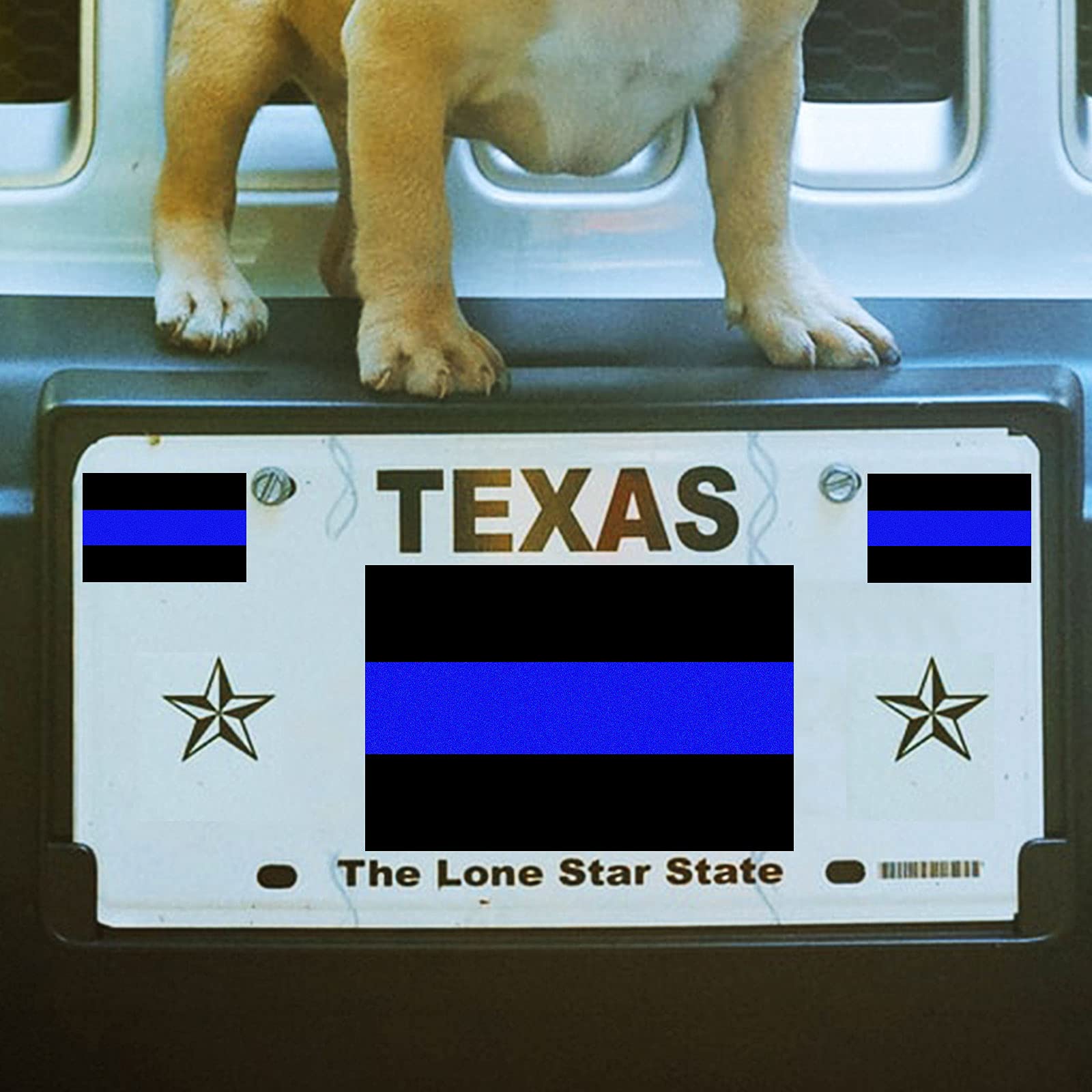 Reflective Police Thin Blue Line Bumper Decals (2 Pack, 4'' X 2.6'') & License Plate Vinyl Stickers (4 Pack, 1.5'' X 1'') Bundle