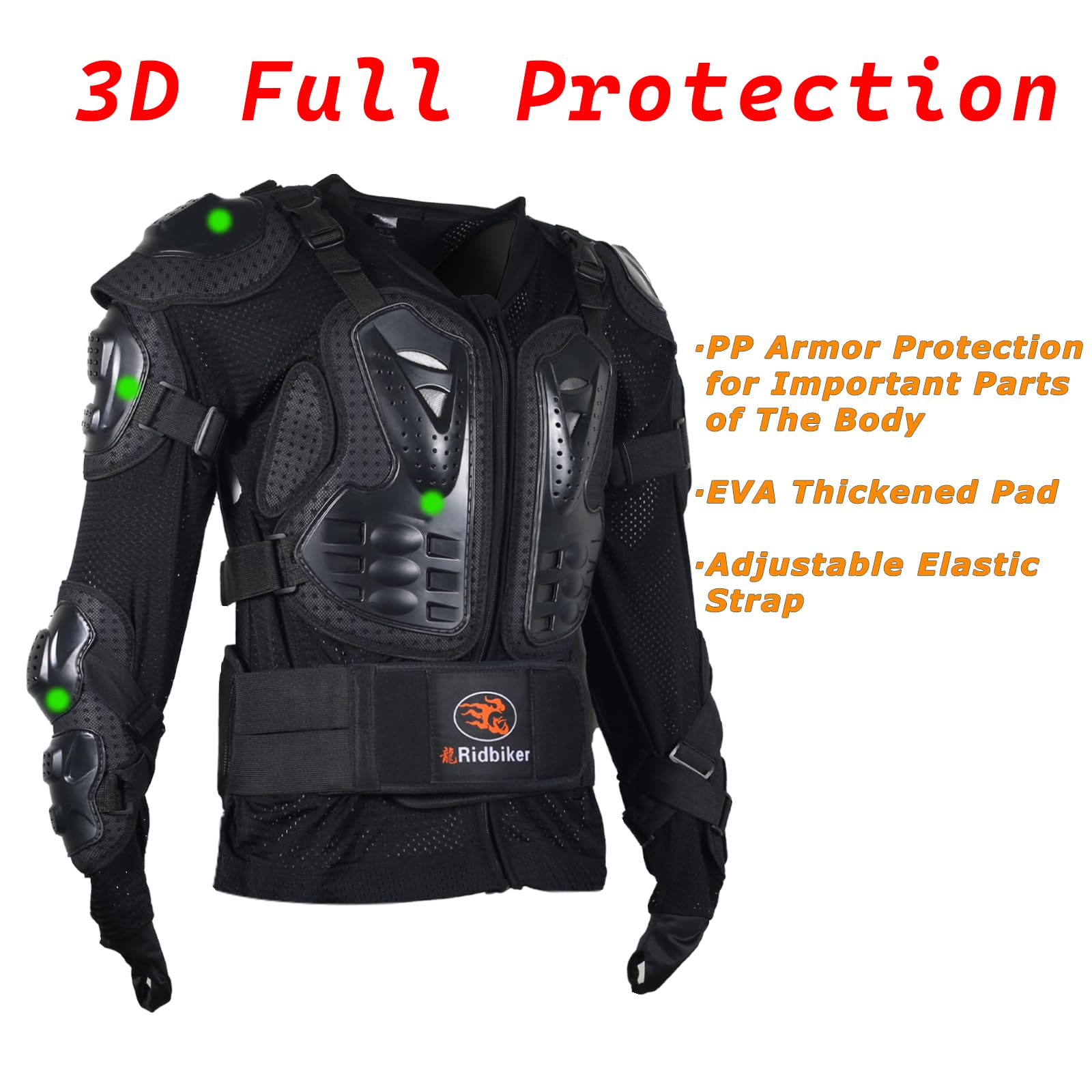 Ridbiker Motorcycle Full Body Armor Protector Removable Racing Jacket Motocross Spine Chest Motocross Protective Shirt (Black, S