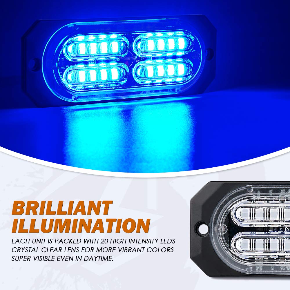 Xprite Blue 20 Led Surface Flush Mount Grille Strobe Flashing Lights Kit, Deck Dash Grill Side Marker Emergency Warning Hazard P