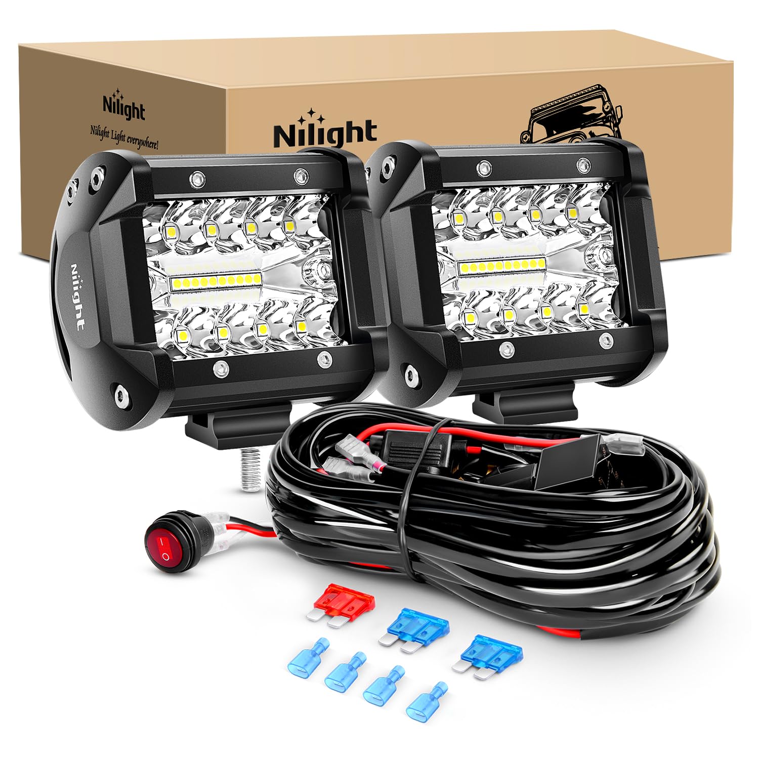 Nilight Led Light Bar 2Pcs 60W 4 Inch Flood Spot Combo Led Work Light Pods Triple Row Work Driving Lamp With 12 Ft Wiring Harnes